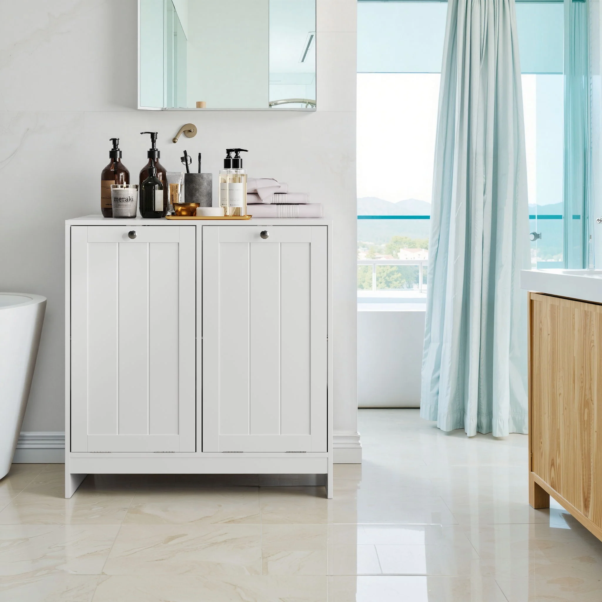 Tilted Laundry Hamper With Removable Basket, Hidden Storage Cabinet, Home Organizer For Bathroom - White - Image 7