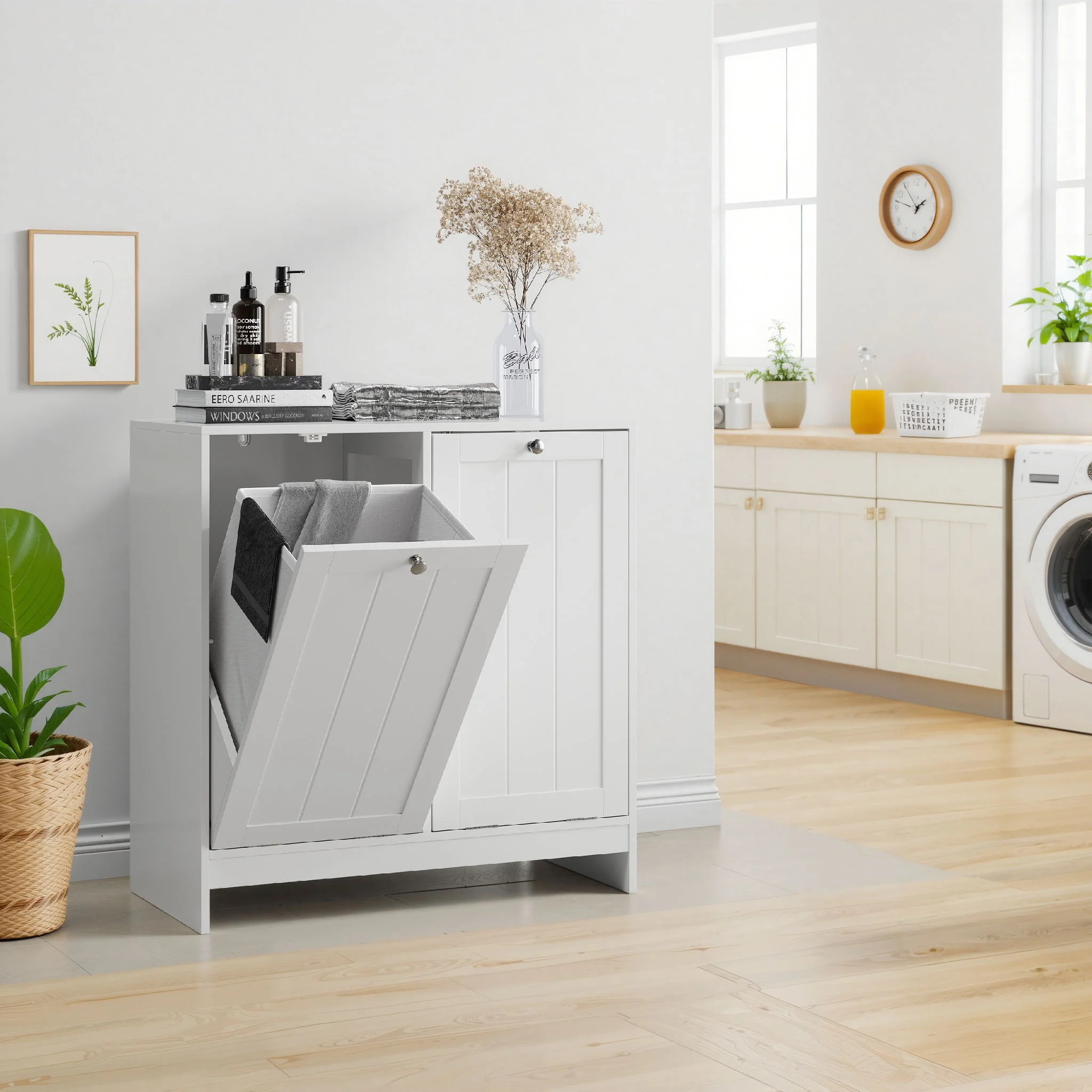 Tilted Laundry Hamper With Removable Basket, Hidden Storage Cabinet, Home Organizer For Bathroom - White - Image 8