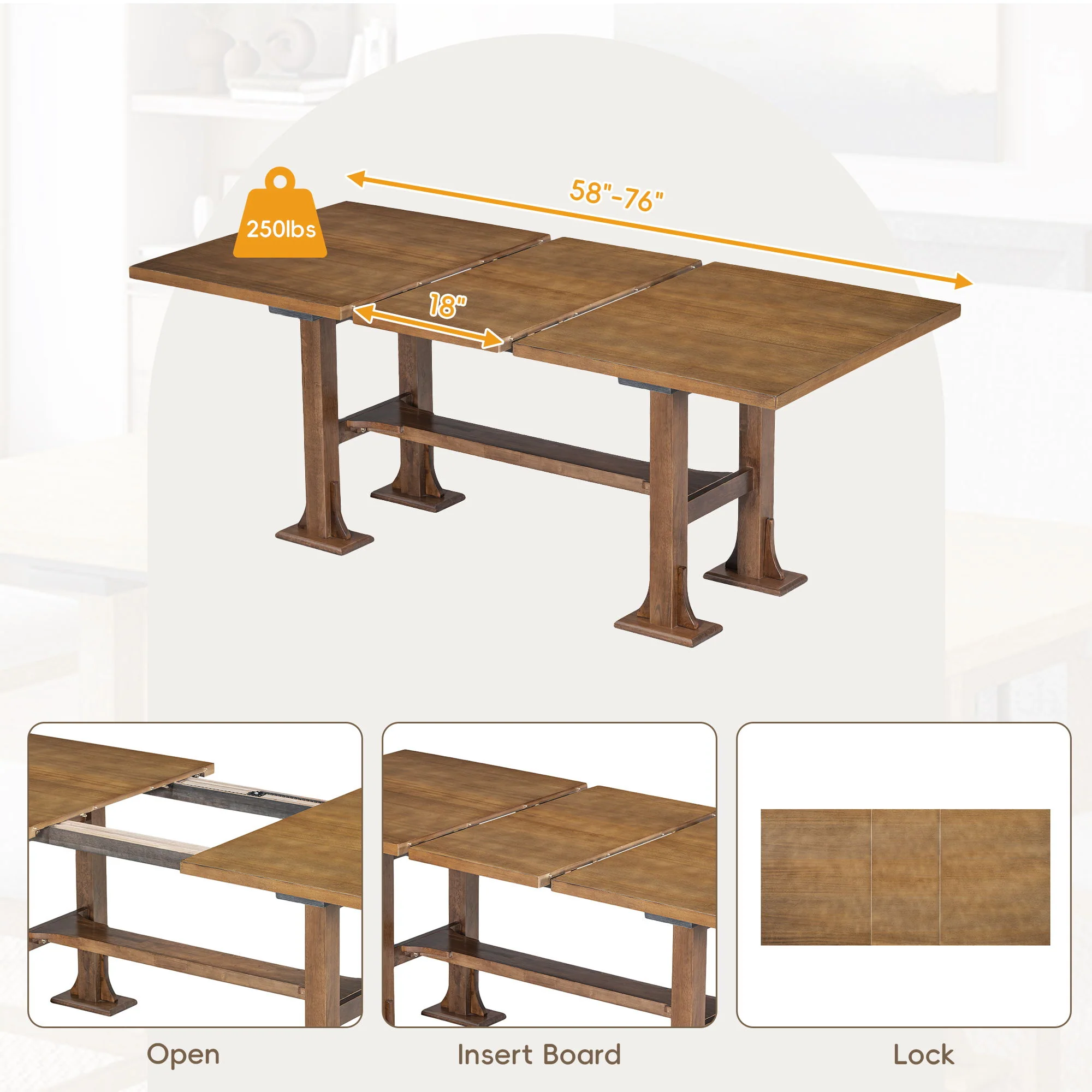 Topmax - 6 Piece Farmhouse Extendable Dining Table Set Trestle Kitchen Table Set With Removable Leaf And Upholstered Dining Chair And Bench For Dining Room - Image 13