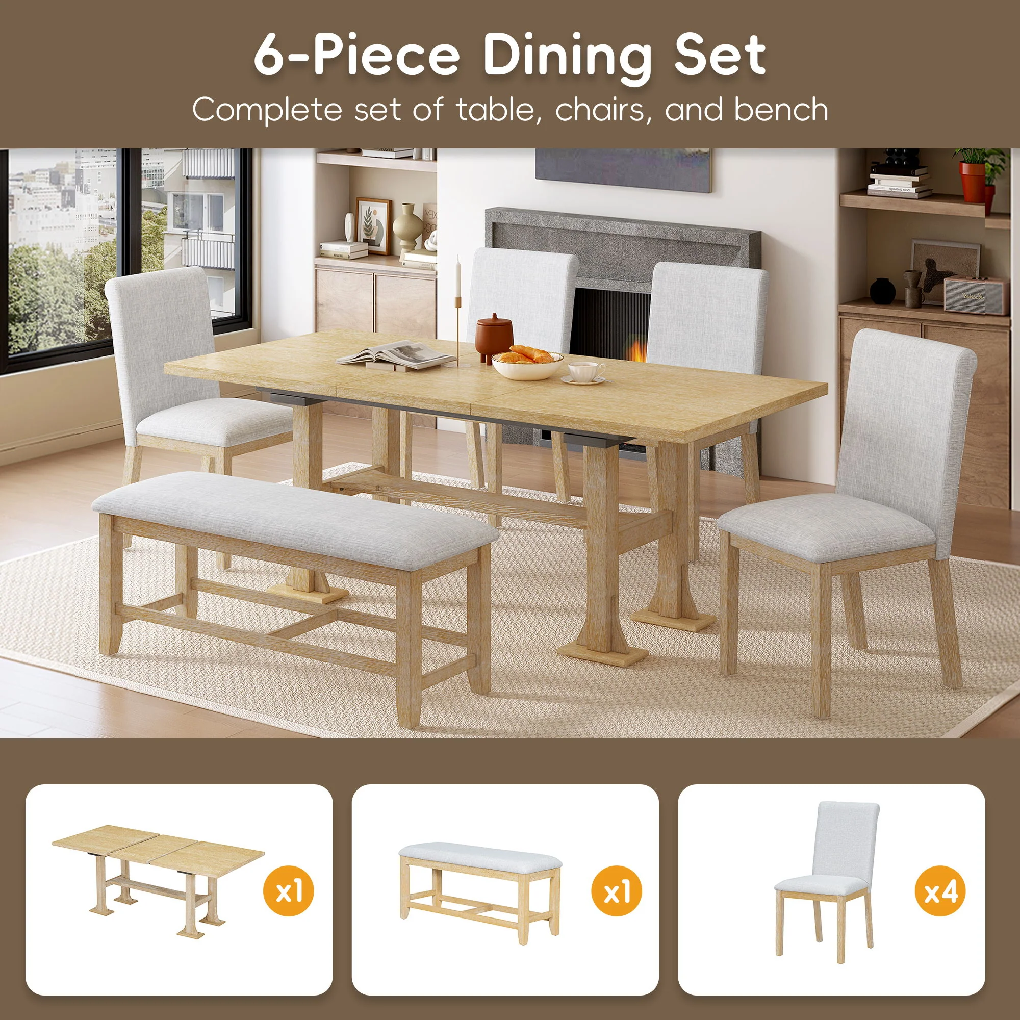 Topmax - 6 Piece Farmhouse Extendable Dining Table Set Trestle Kitchen Table Set With Removable Leaf And Upholstered Dining Chair And Bench For Dining Room - Image 8