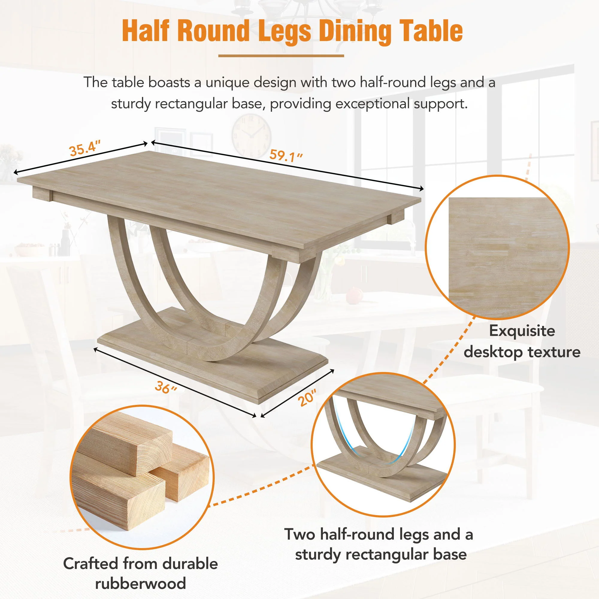 Topmax - 6 Piece Wood Half Round Dining Table Set Kitchen Table Set With Long Bench And 4 Dining Chairs, Modern Style - Image 6