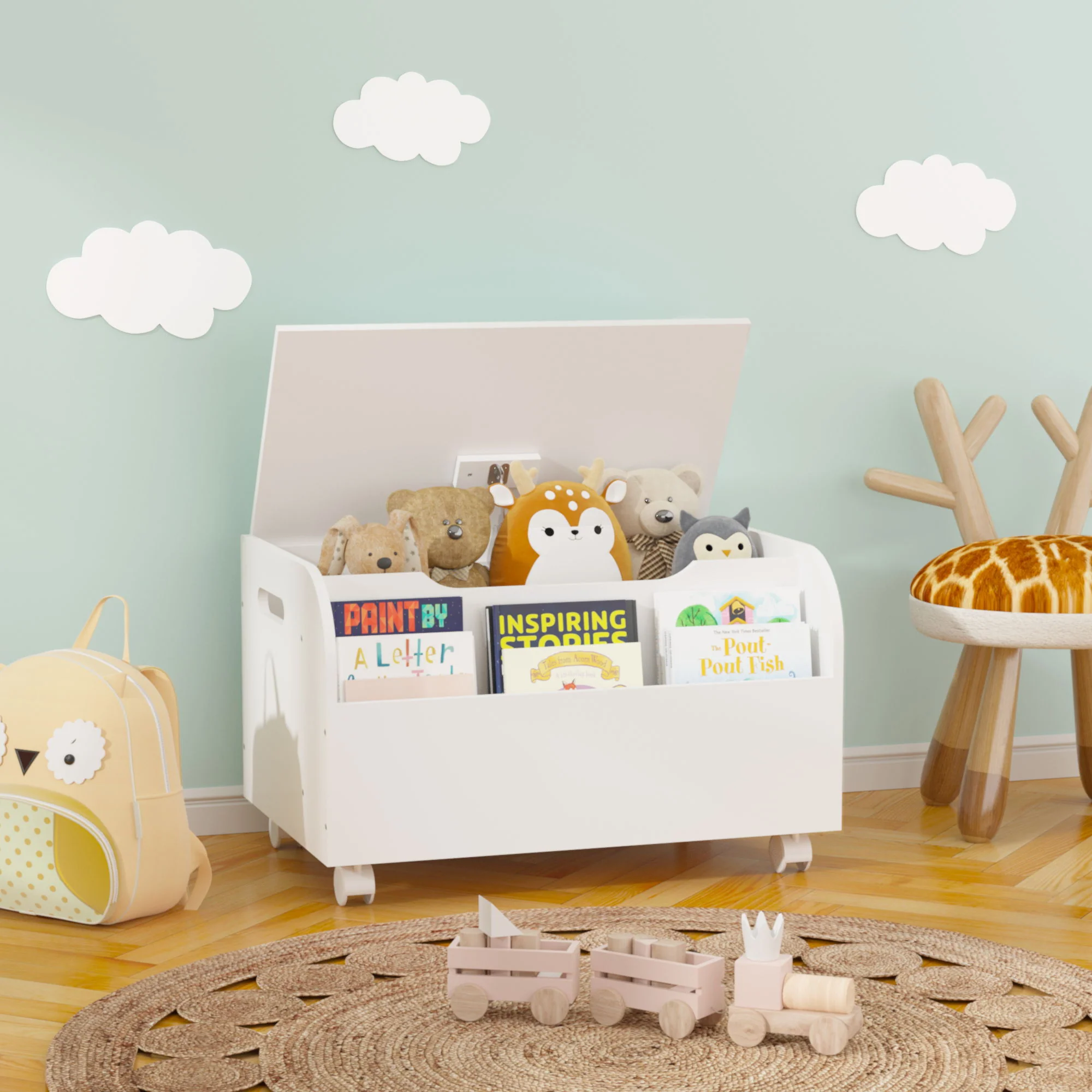 Toy Box With 4 Universal Wheels, Kids Playroom Storage Organizer With Front Bookshelf, Flip Top Lid, Safety Hinge - White - Image 3
