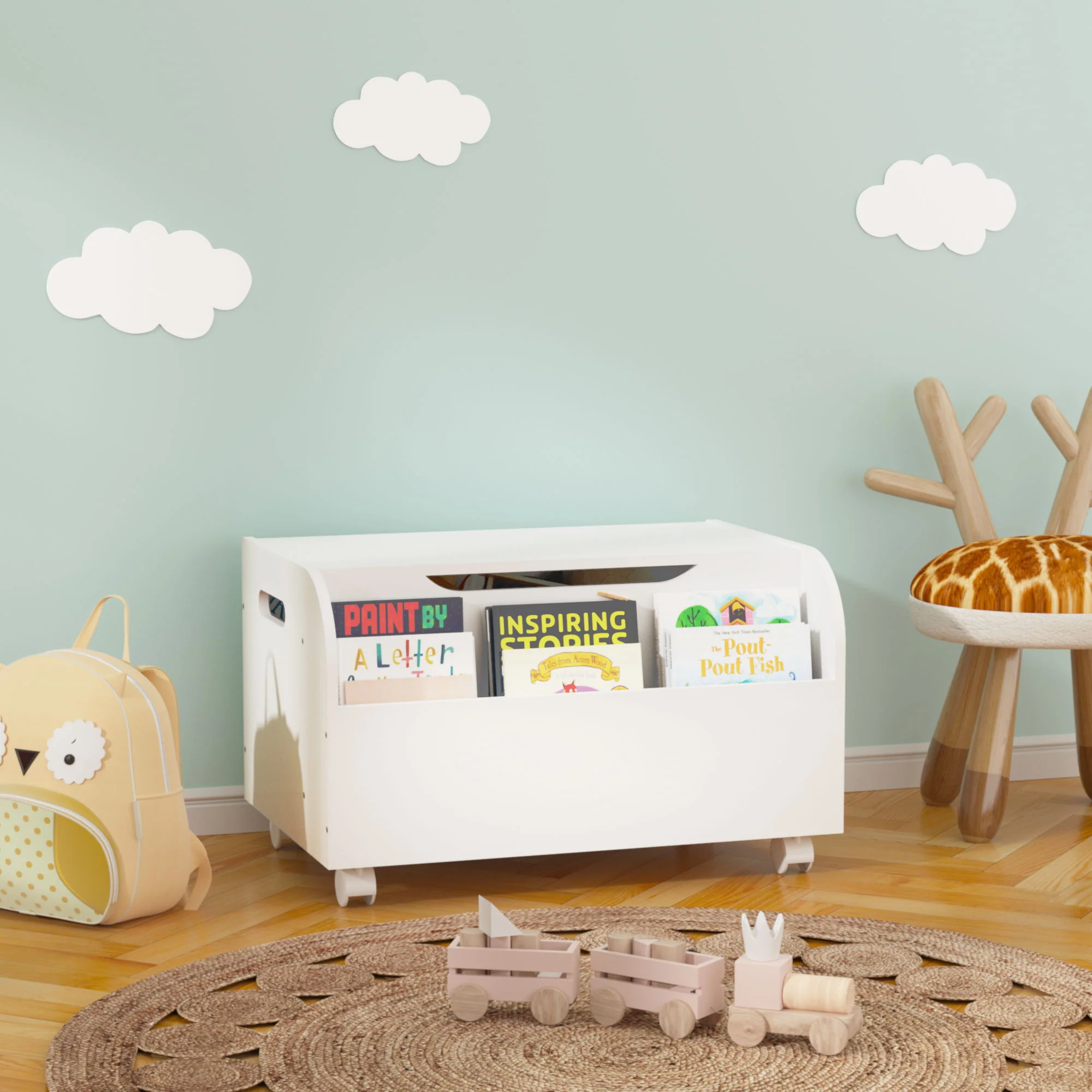 Toy Box With 4 Universal Wheels, Kids Playroom Storage Organizer With Front Bookshelf, Flip Top Lid, Safety Hinge - White - Image 4