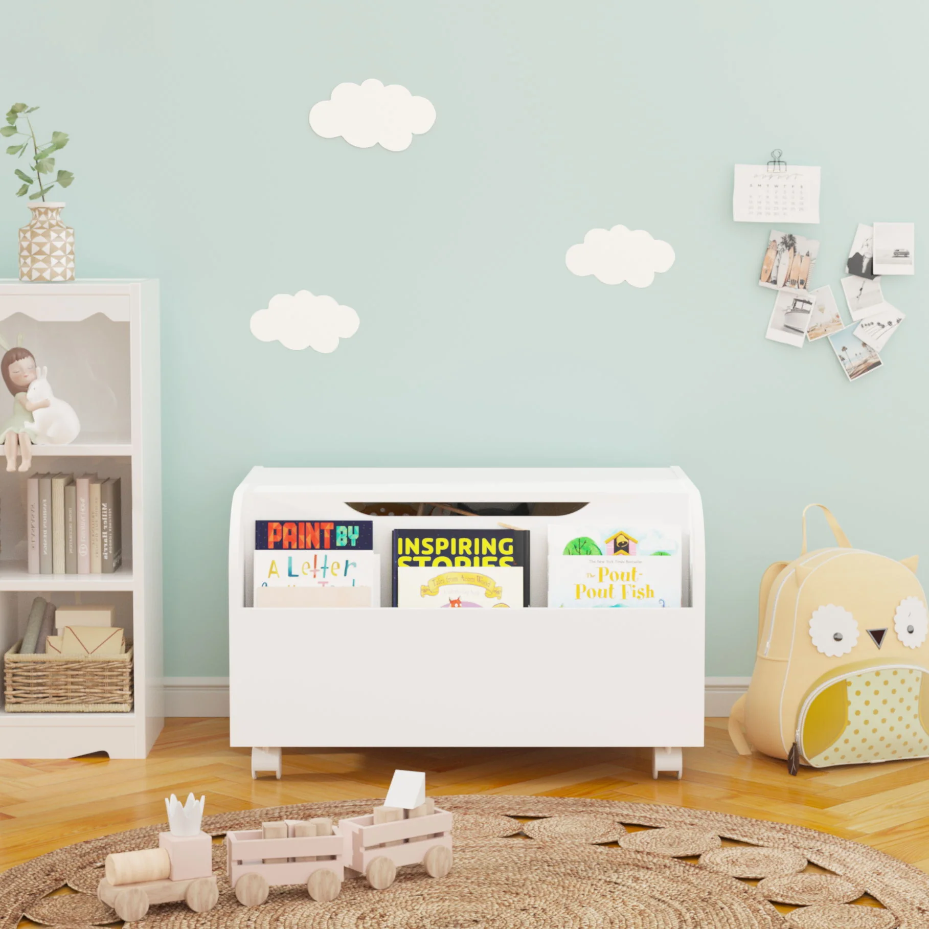 Toy Box With 4 Universal Wheels, Kids Playroom Storage Organizer With Front Bookshelf, Flip Top Lid, Safety Hinge - White - Image 5