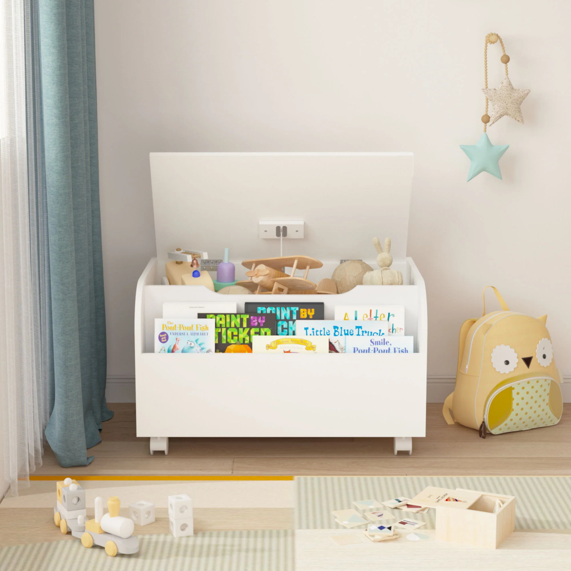 Toy Box With 4 Universal Wheels, Kids Playroom Storage Organizer With Front Bookshelf, Flip Top Lid, Safety Hinge - White - Image 6