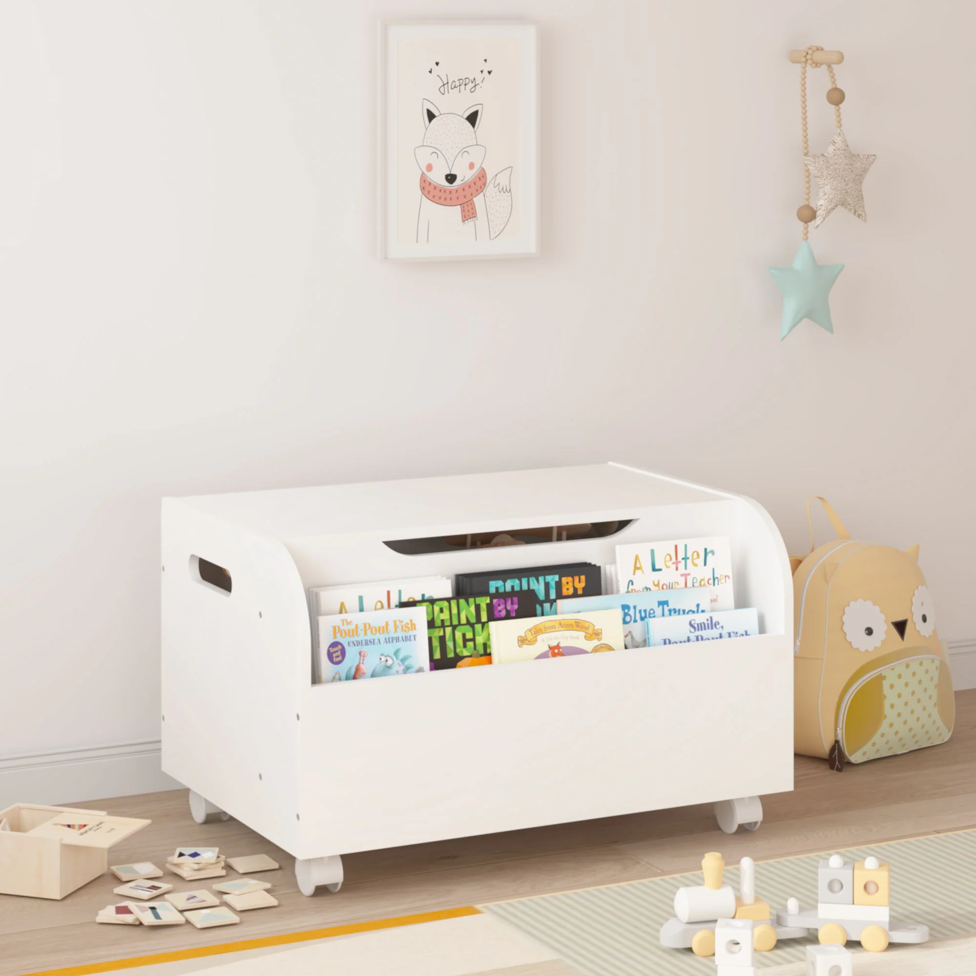 Toy Box With 4 Universal Wheels, Kids Playroom Storage Organizer With Front Bookshelf, Flip Top Lid, Safety Hinge - White - Image 7