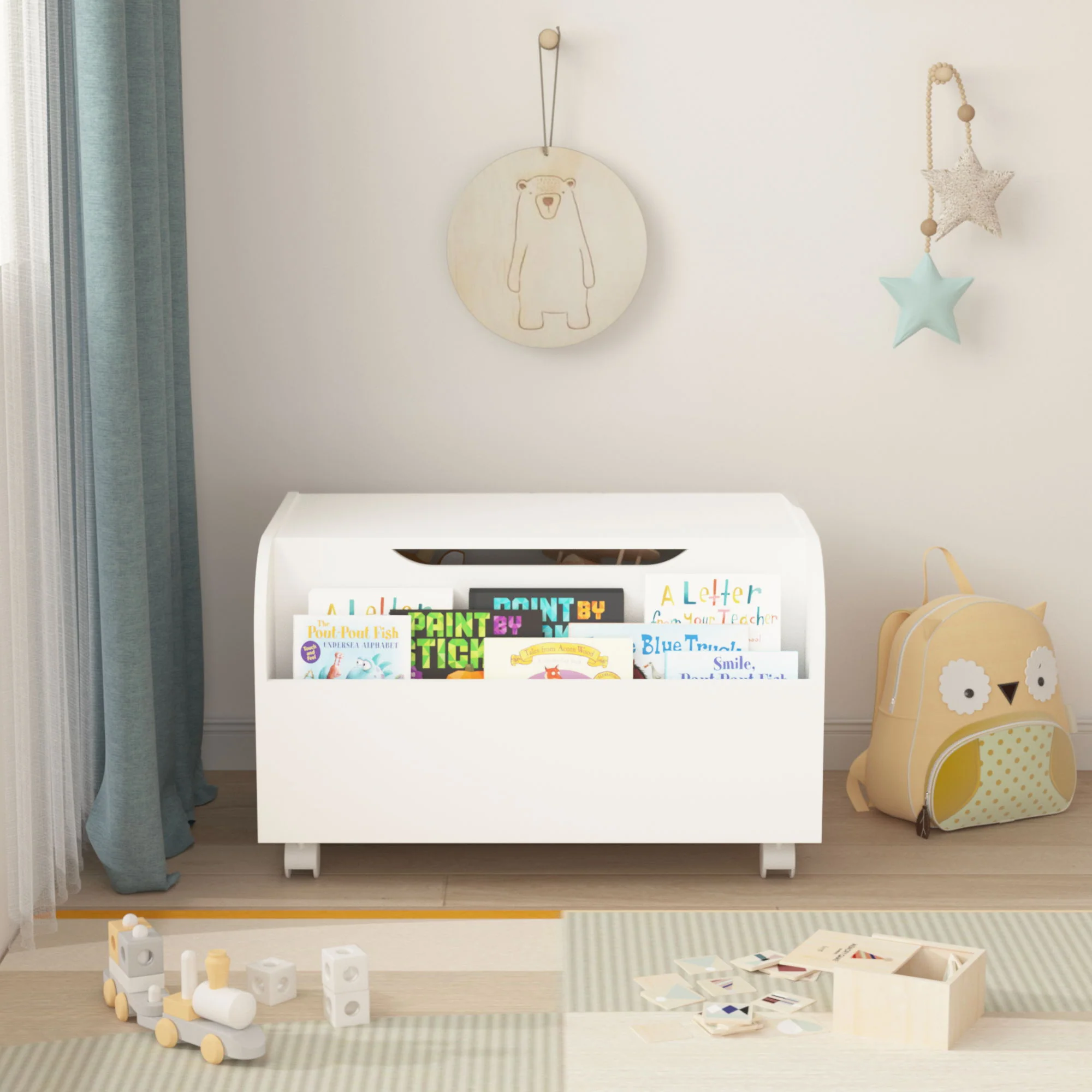 Toy Box With 4 Universal Wheels, Kids Playroom Storage Organizer With Front Bookshelf, Flip Top Lid, Safety Hinge - White - Image 8