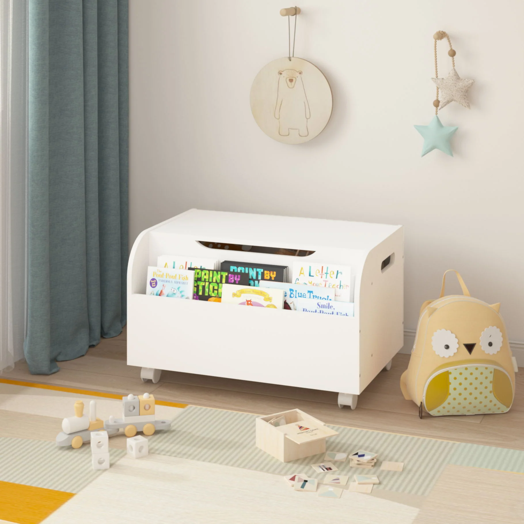 Toy Box With 4 Universal Wheels, Kids Playroom Storage Organizer With Front Bookshelf, Flip Top Lid, Safety Hinge - White - Image 9