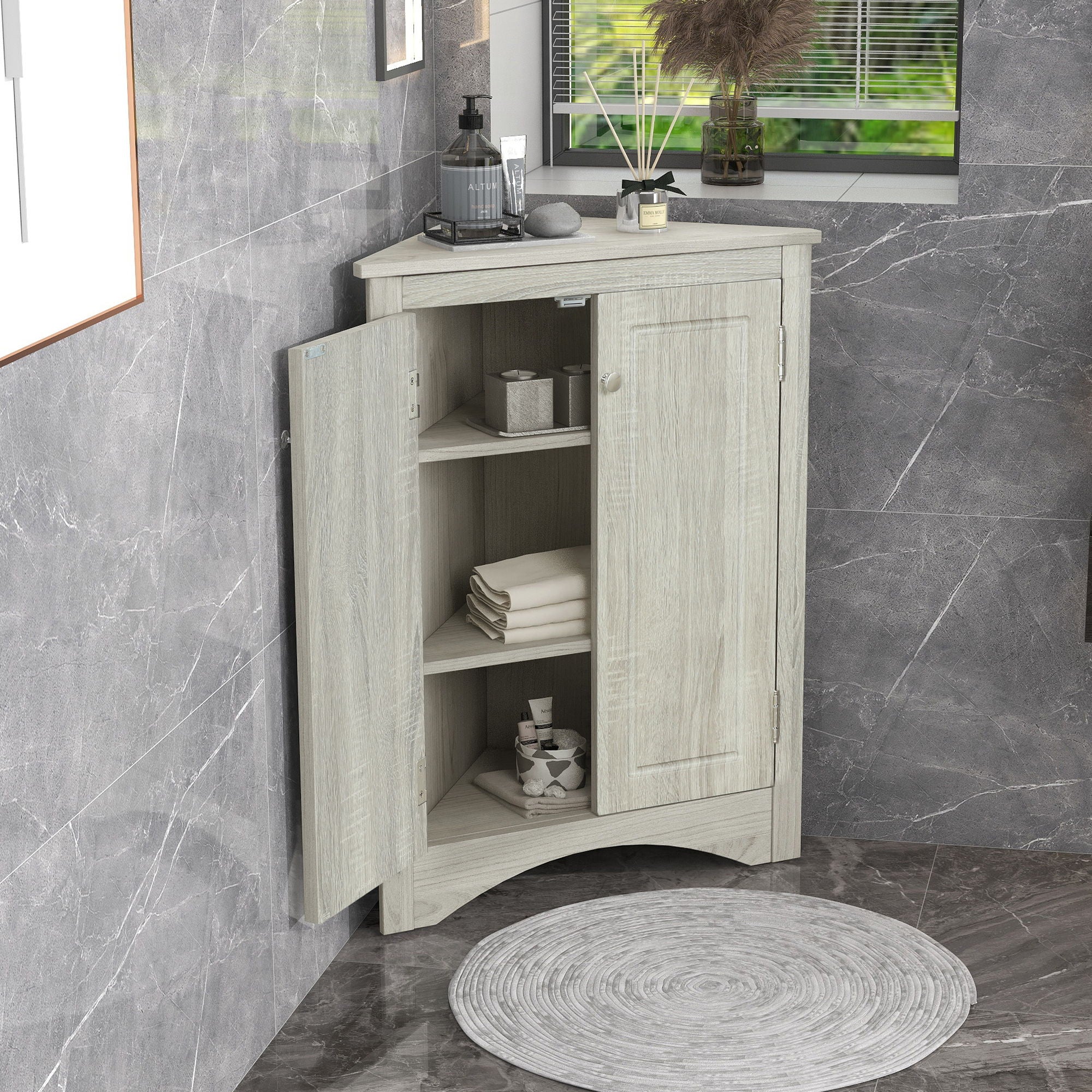 Triangle Bathroom Storage Cabinet With Adjustable Shelves, Freestanding Floor Cabinet - Oak - Image 2