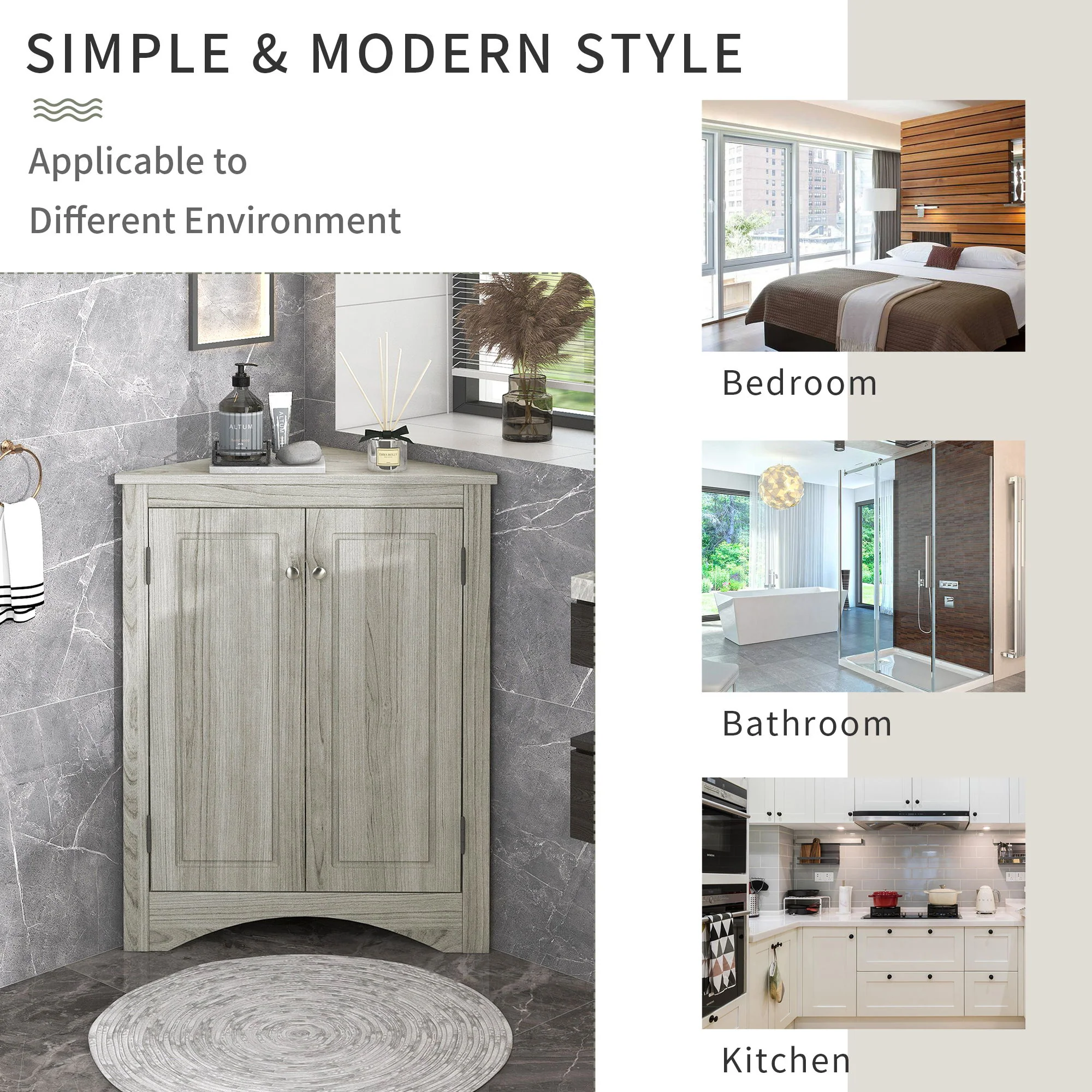 Triangle Bathroom Storage Cabinet With Adjustable Shelves, Freestanding Floor Cabinet - Oak - Image 3