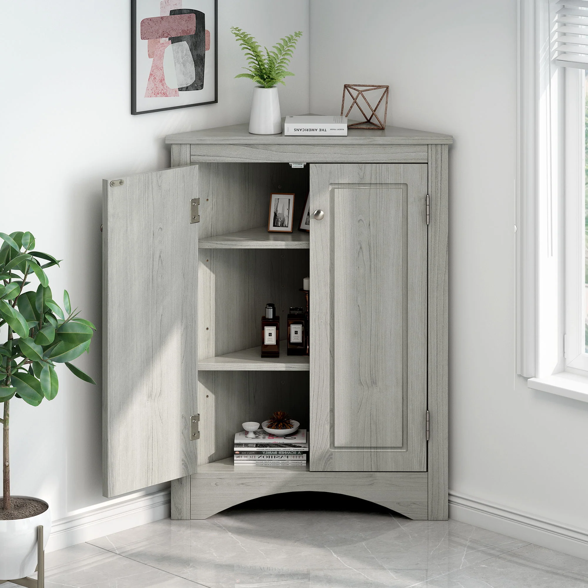 Triangle Bathroom Storage Cabinet With Adjustable Shelves, Freestanding Floor Cabinet - Oak - Image 6