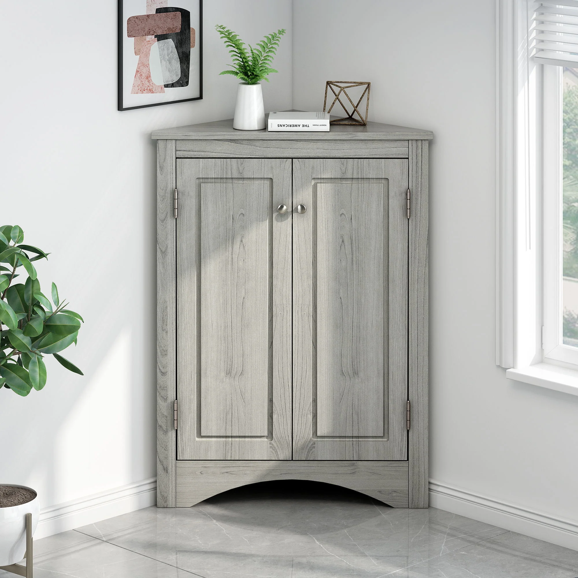 Triangle Bathroom Storage Cabinet With Adjustable Shelves, Freestanding Floor Cabinet - Oak - Image 8