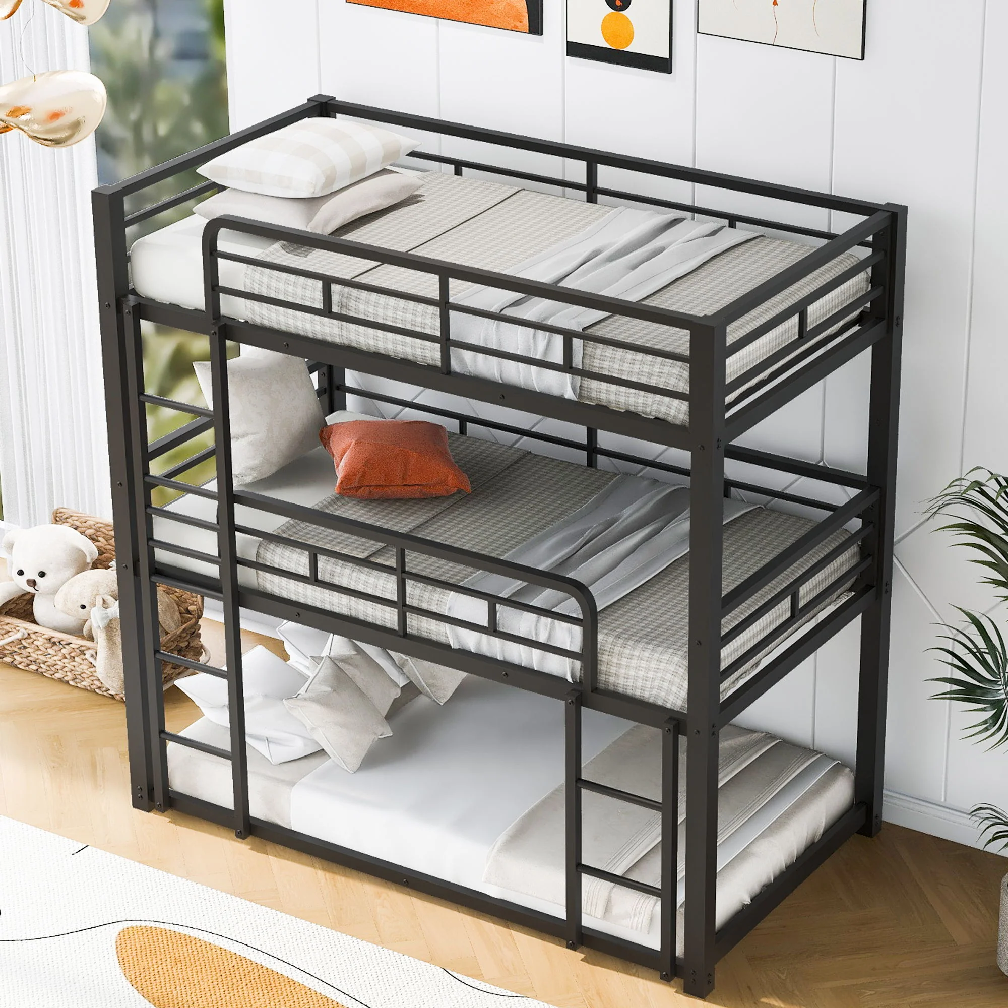 Triple Bunk Bed With Sturdy Construction And Space Saving Design - Image 7