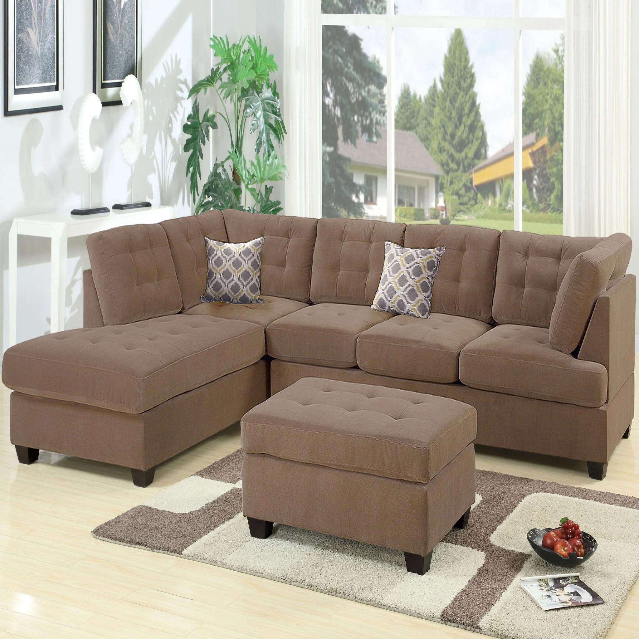 Truffle Waffle Suede Sectional Sofa With Tufted Cushions And Accent Pillows, Reversible Chaise - Neutral - Image 7