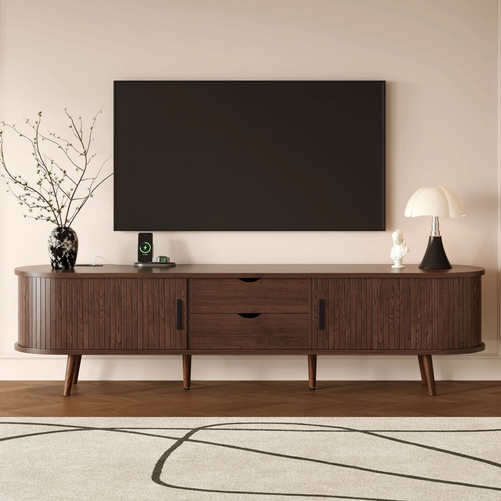 TV Stand For 70" TV, Console With Tambour Doors, Drawers And Built In Power Outlet - Dark Brown - Image 3