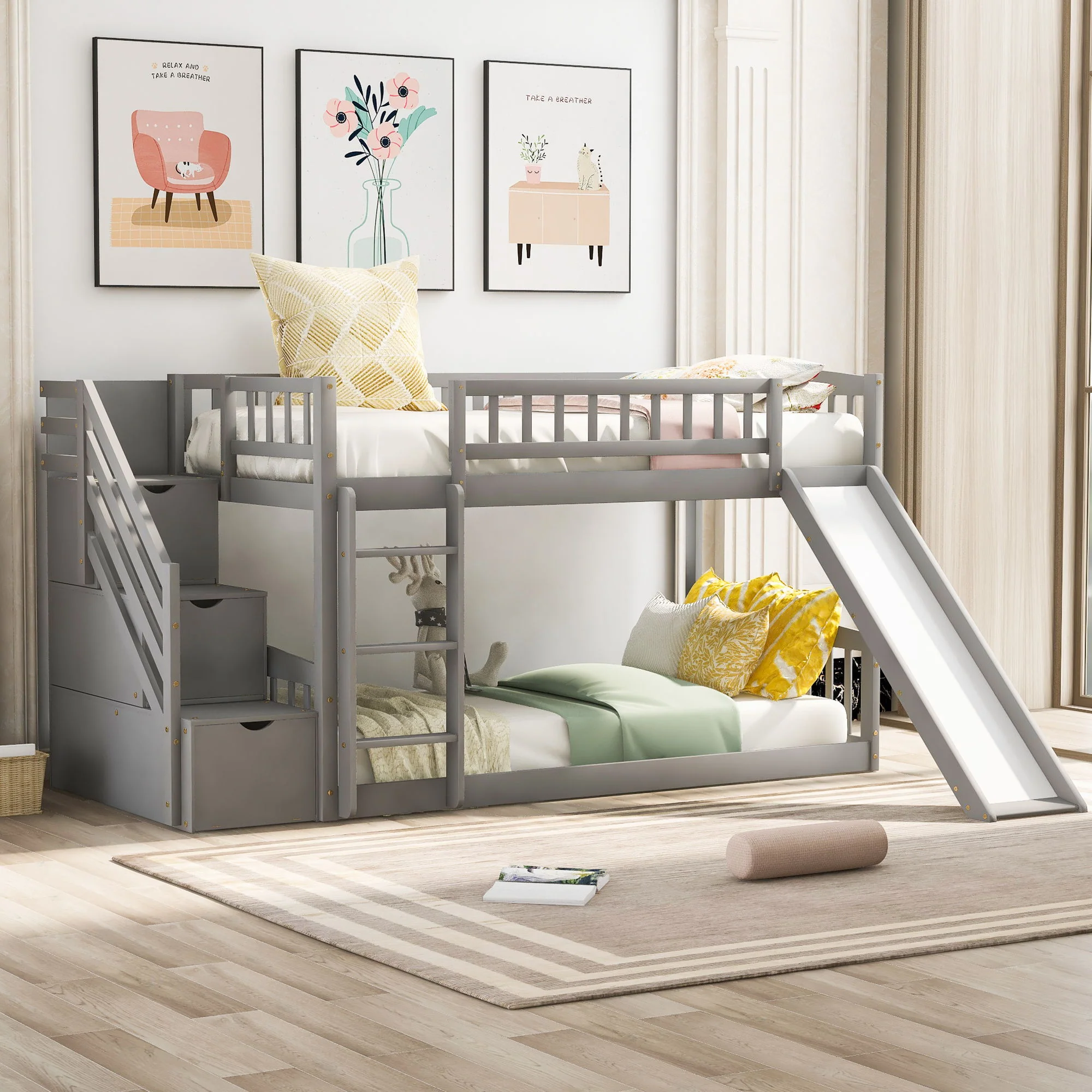 Twin Over Twin Bunk Stairway Bed With 2 Drawers And Slide - Gray - Image 6