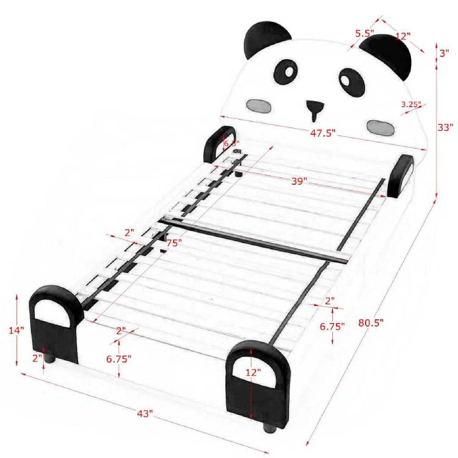 Twin Size Cute Panda Shaped Kids Bed - White / Black - Image 7
