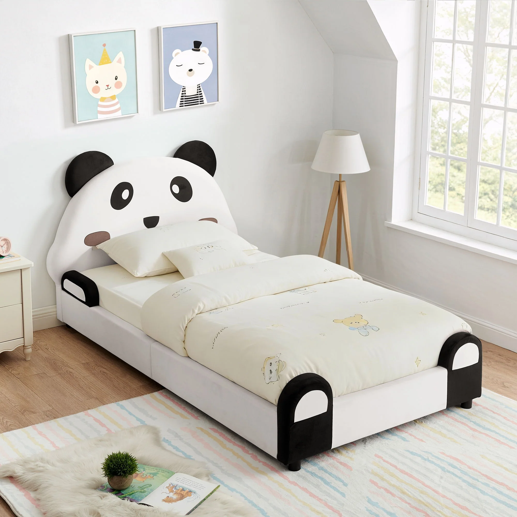 Twin Size Cute Panda Shaped Kids Bed - White / Black - Image 9