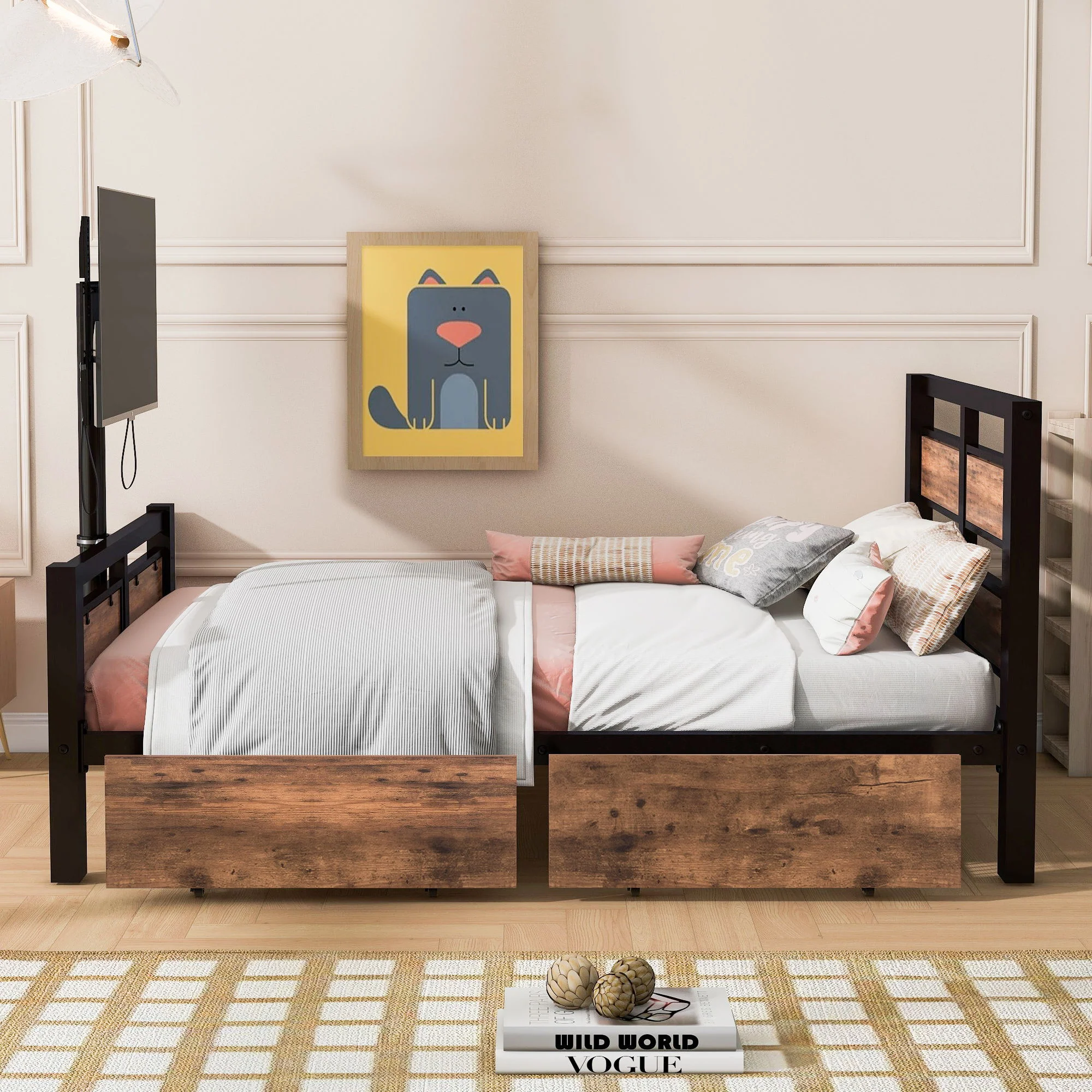 Twin Size Platform Bed With Headboard And Footboard, 2 Storage Drawers And Rotatable TV Stand - Black - Image 6