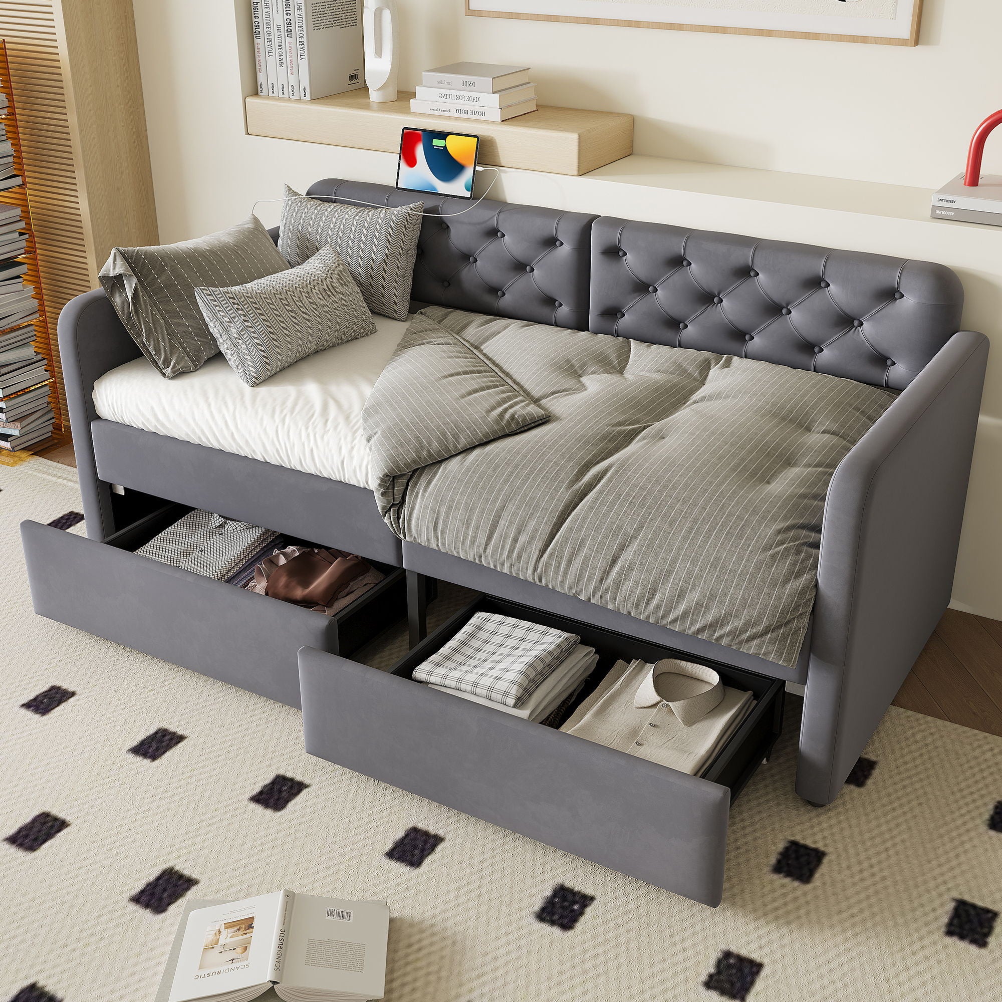 Twin Size Upholstered Daybed With 2 Storage Drawers And USB Charging Design - Gray - Image 2