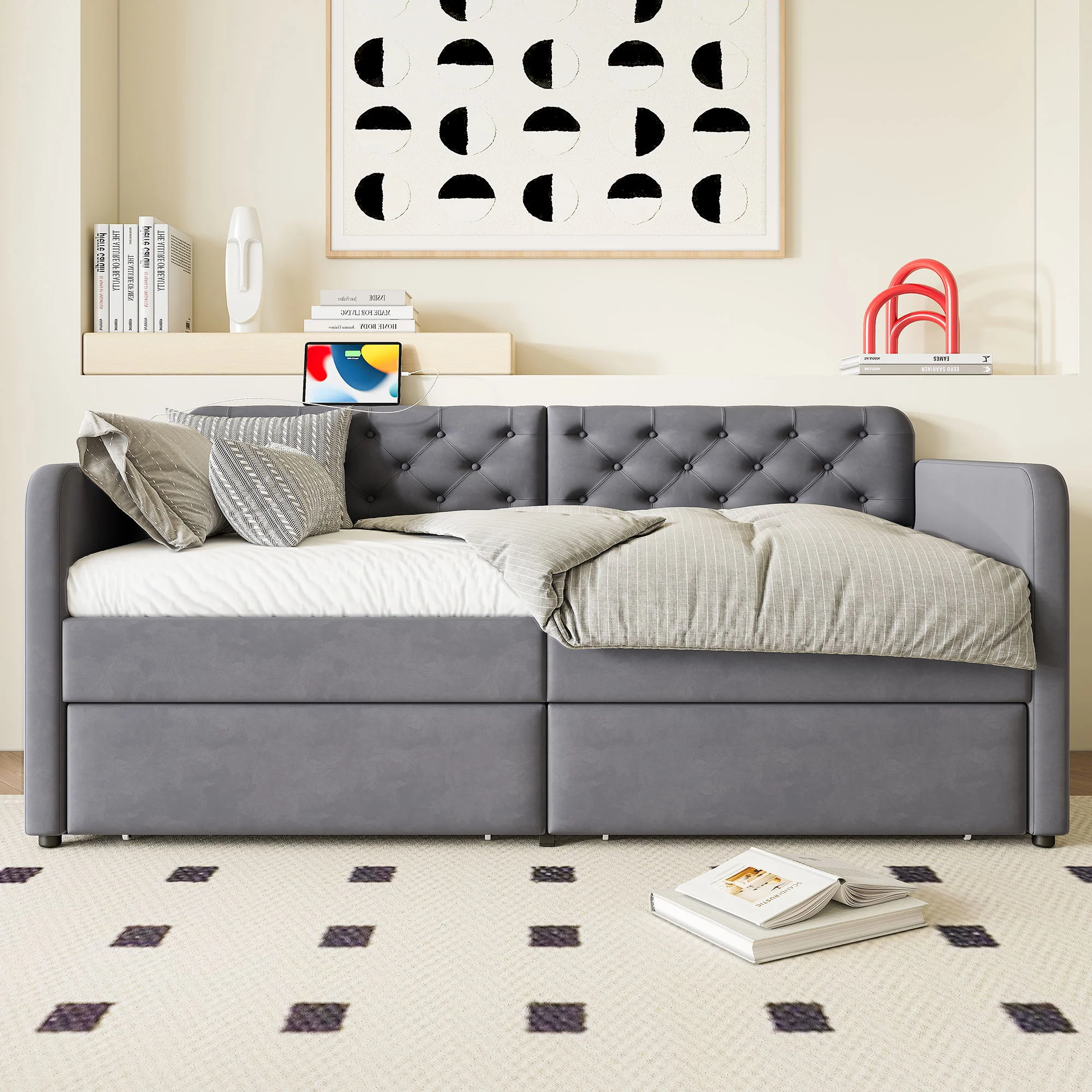 Twin Size Upholstered Daybed With 2 Storage Drawers And USB Charging Design - Gray - Image 4
