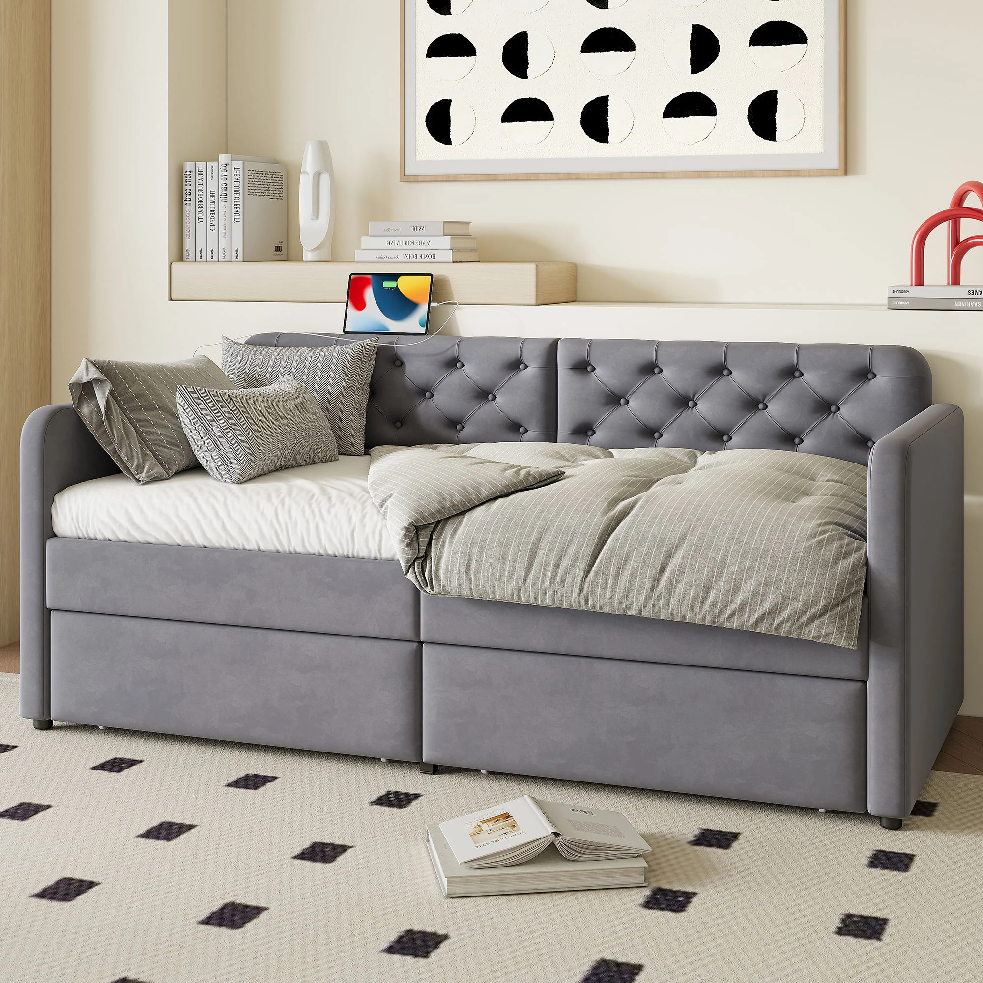Twin Size Upholstered Daybed With 2 Storage Drawers And USB Charging Design - Gray - Image 5