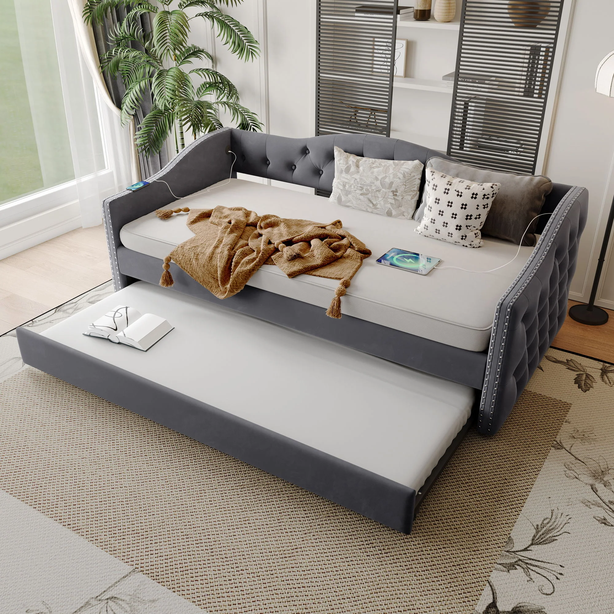 Twin Size Upholstered Daybed With Trundle And USB Charging Design For Bedroom - Gray - Image 3