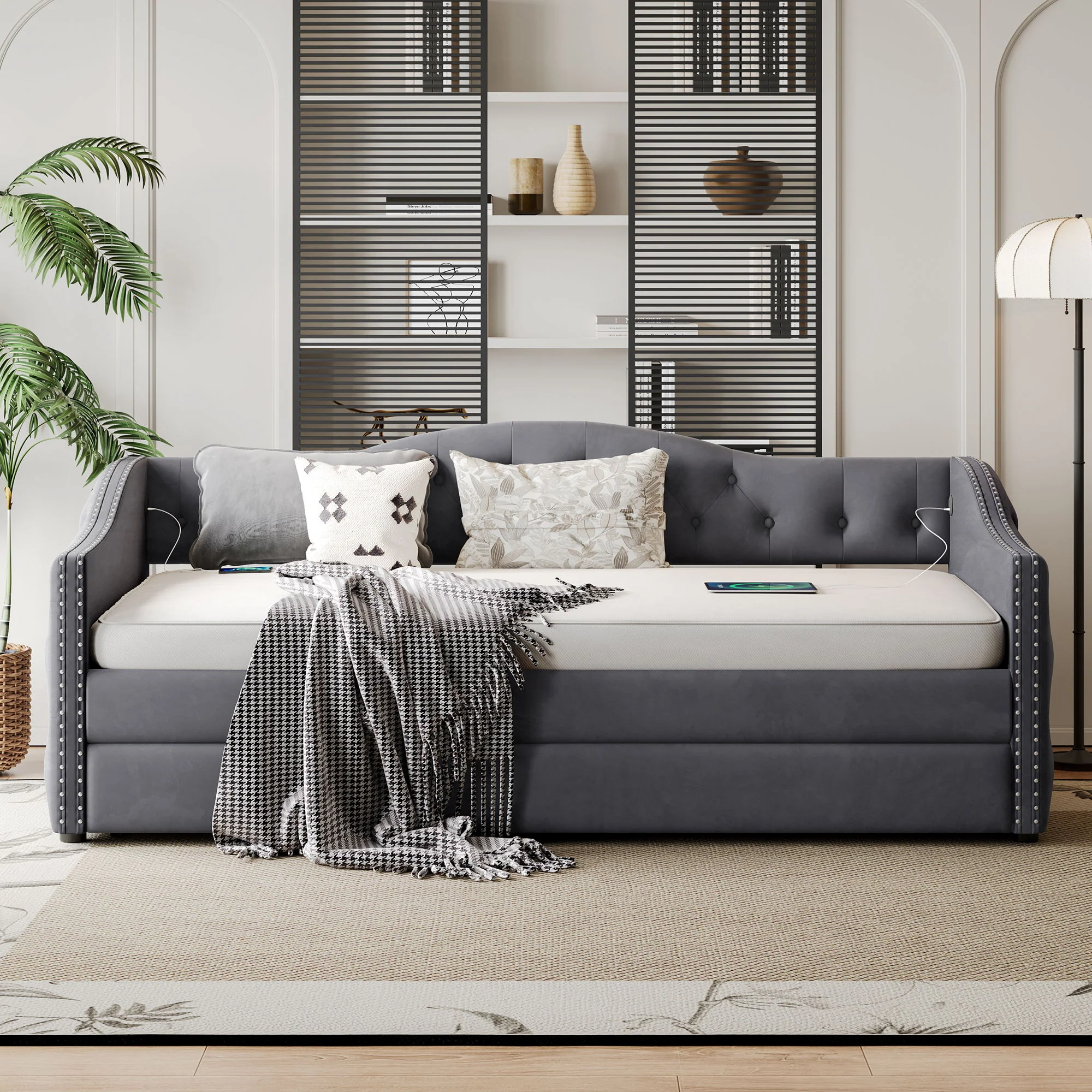 Twin Size Upholstered Daybed With Trundle And USB Charging Design For Bedroom - Gray - Image 4