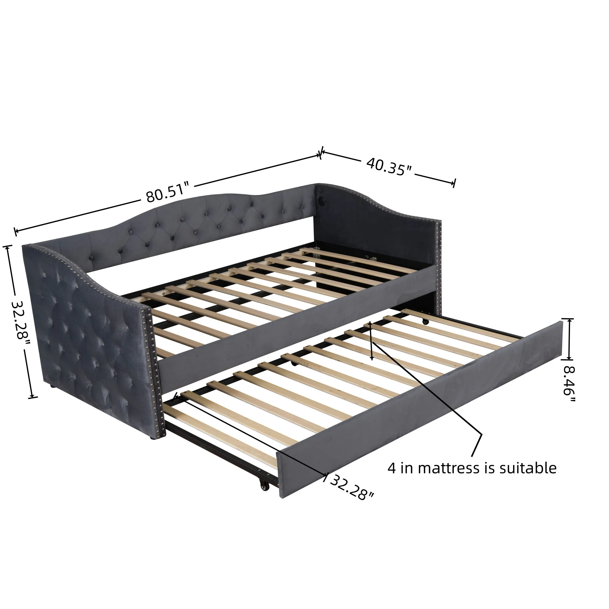 Twin Size Upholstered Daybed With Trundle And USB Charging Design For Bedroom - Gray - Image 5