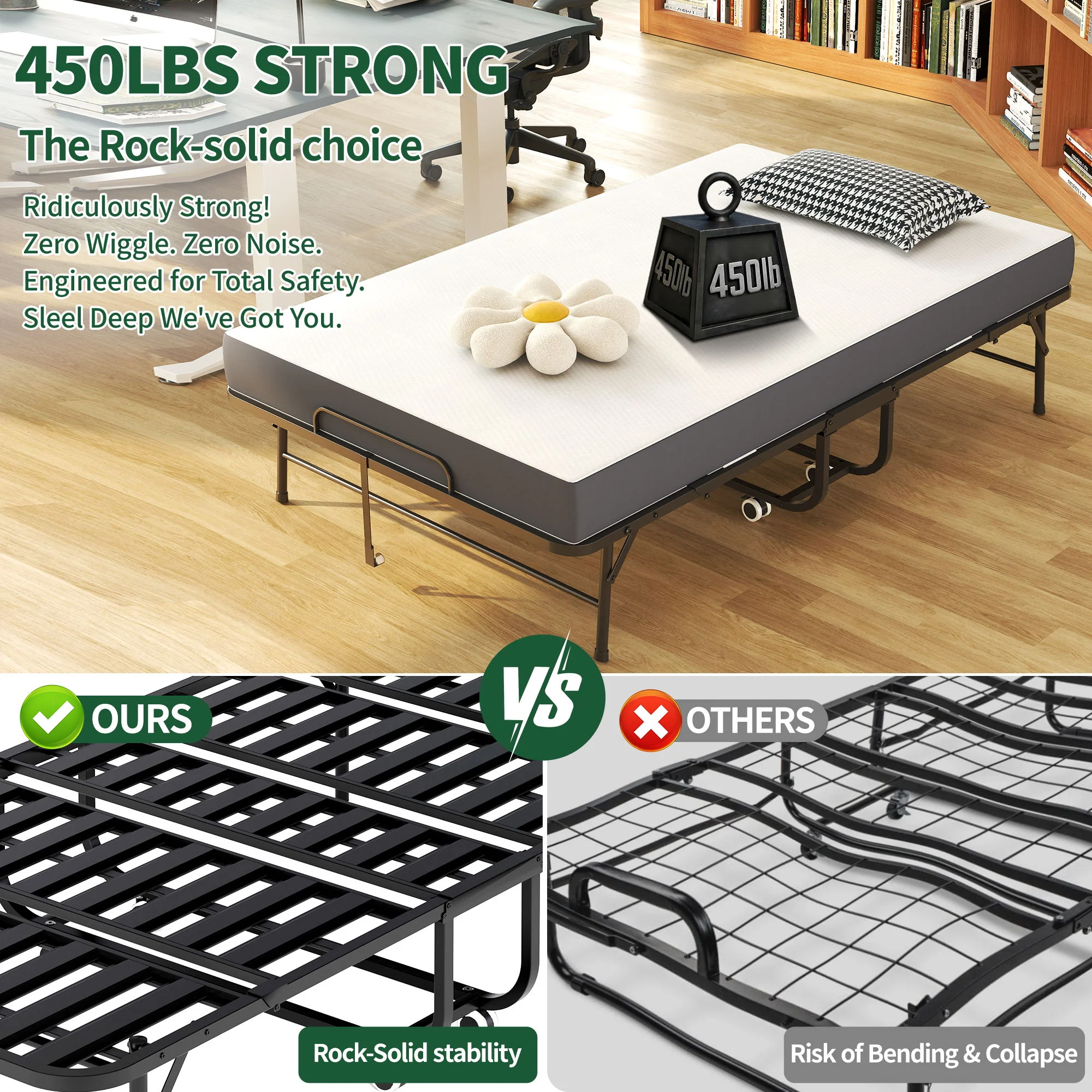 Twin Wide Folding Bed For Tall People, Extra Long & Wide Rollaway With Memory Foam, Heavy-Duty - Black - Image 3