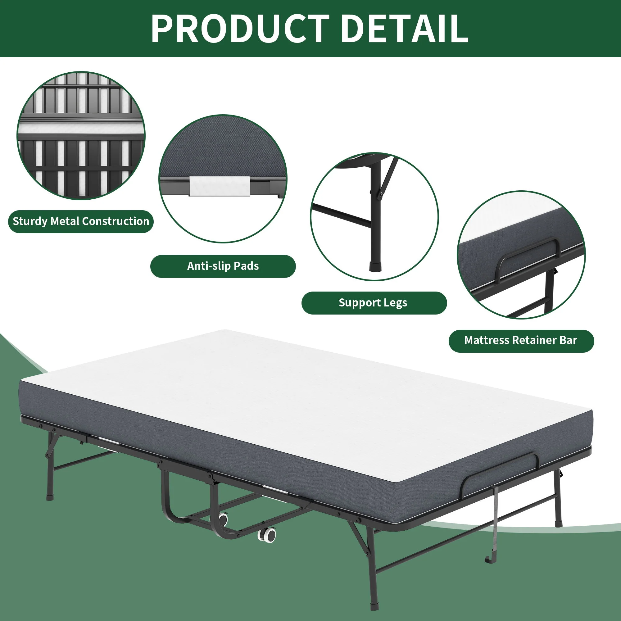 Twin Wide Folding Bed For Tall People, Extra Long & Wide Rollaway With Memory Foam, Heavy-Duty Capacity Guest, Spacious Portable Cot - Black - Image 2