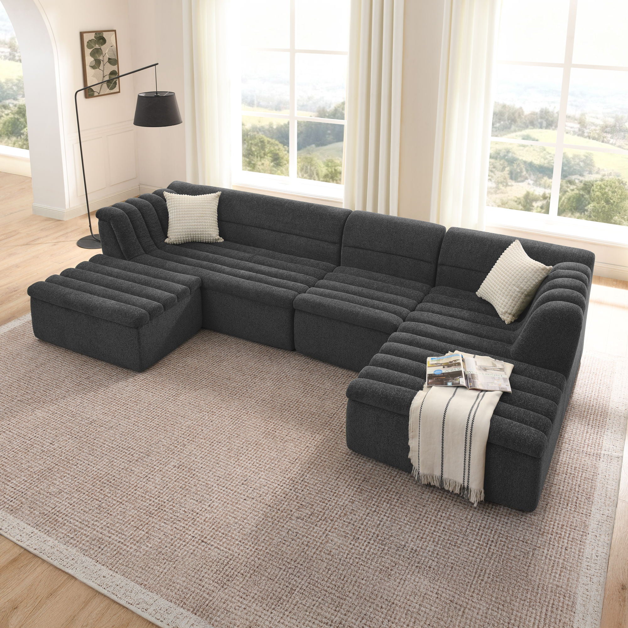 U-Shaped Modular Sectional Sofa With Chaise And Movable Ottoman With Wave-Shaped Armrest - Image 14