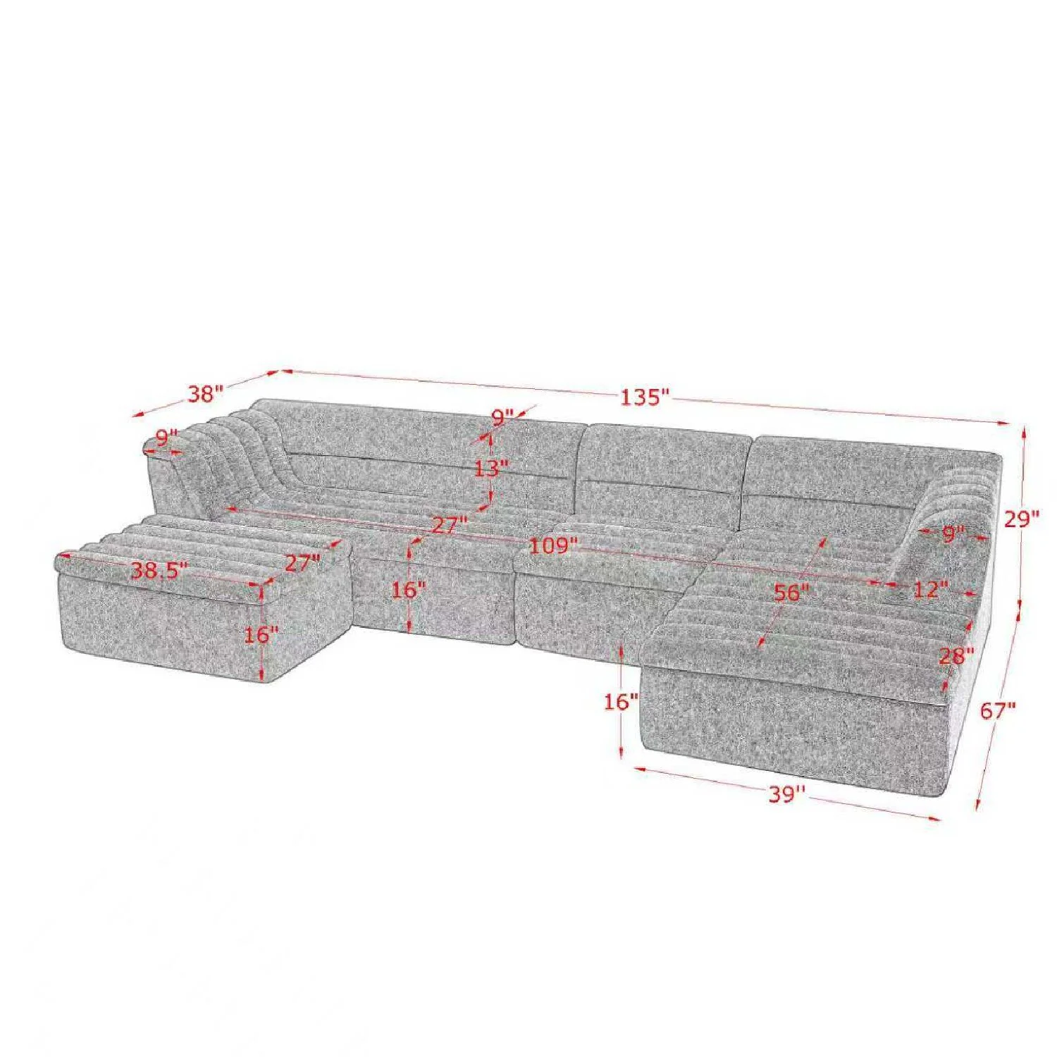 U-Shaped Modular Sectional Sofa With Chaise And Movable Ottoman With Wave-Shaped Armrest - Image 16