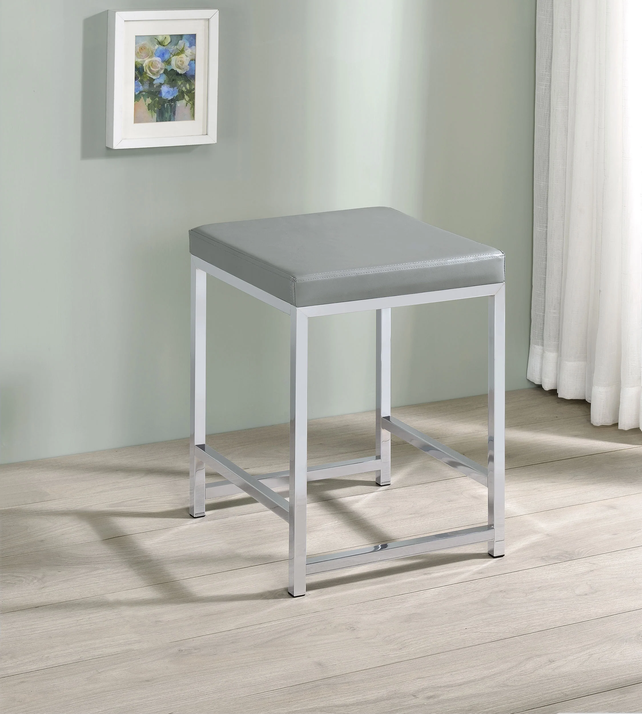 Umbridge Grey Leatherette Square Vanity Stool, Chrome Frame - Image 2