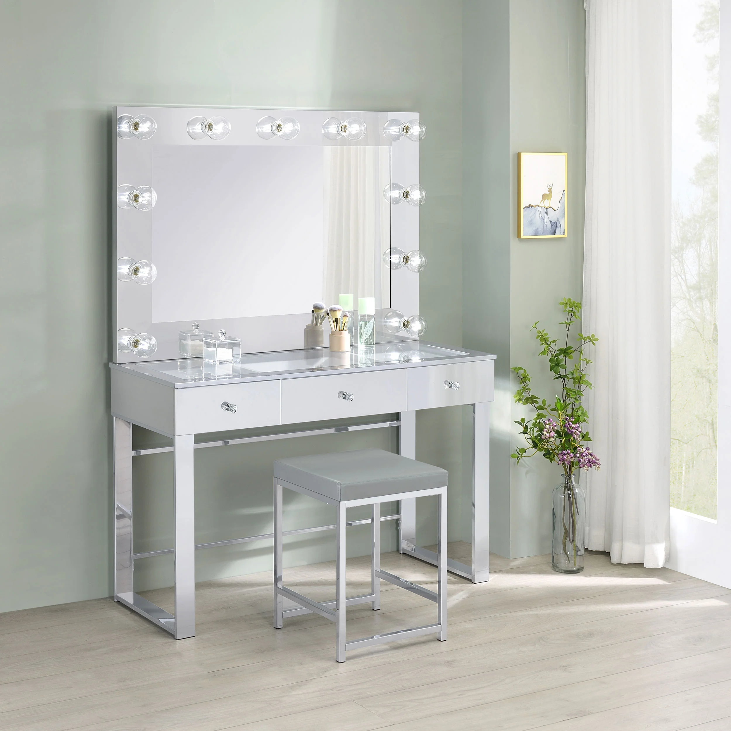 Umbridge Grey Leatherette Square Vanity Stool, Chrome Frame - Image 5
