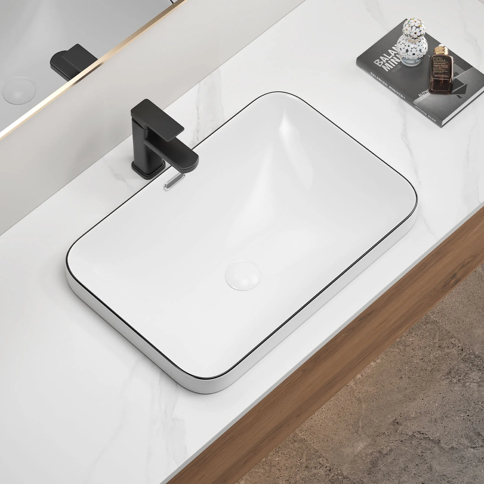 Undermount Bathroom Sink, Vessel Basin For Vanity Countertop - Milk White / Black - Image 4