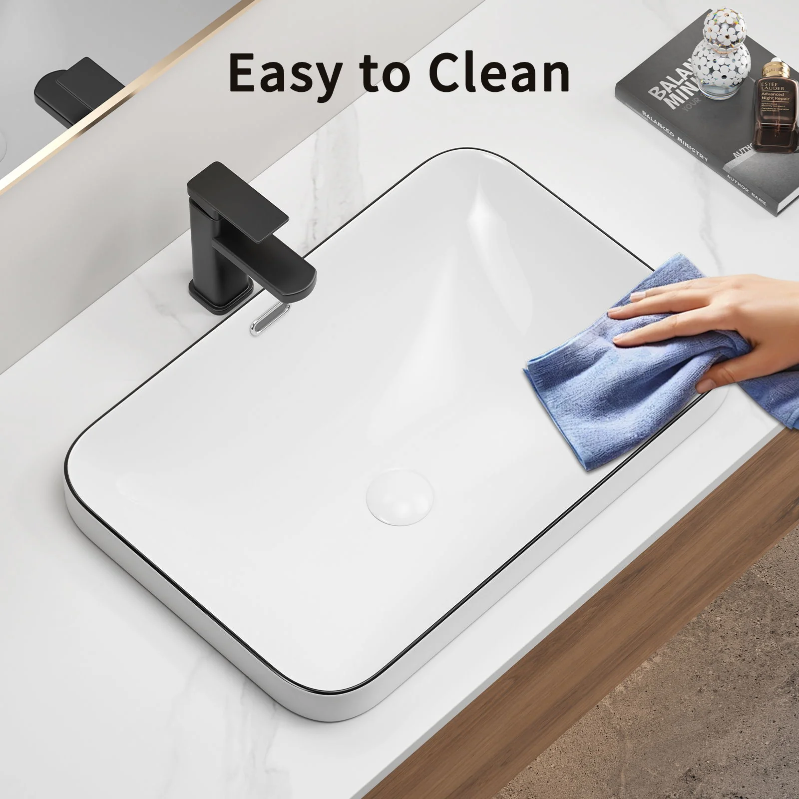 Undermount Bathroom Sink, Vessel Basin For Vanity Countertop - Milk White / Black - Image 5