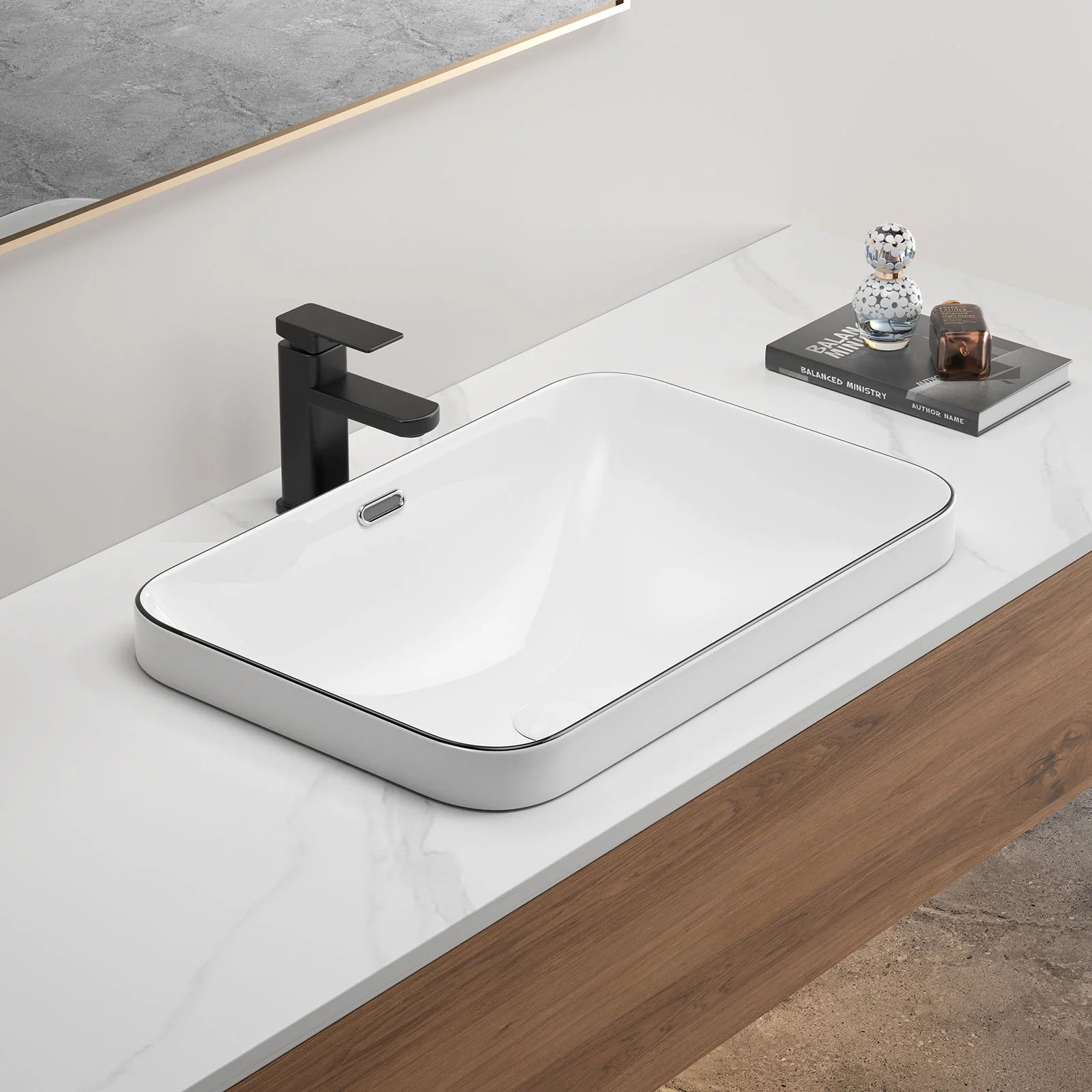 Undermount Bathroom Sink, Vessel Basin For Vanity Countertop - Milk White / Black - Image 6