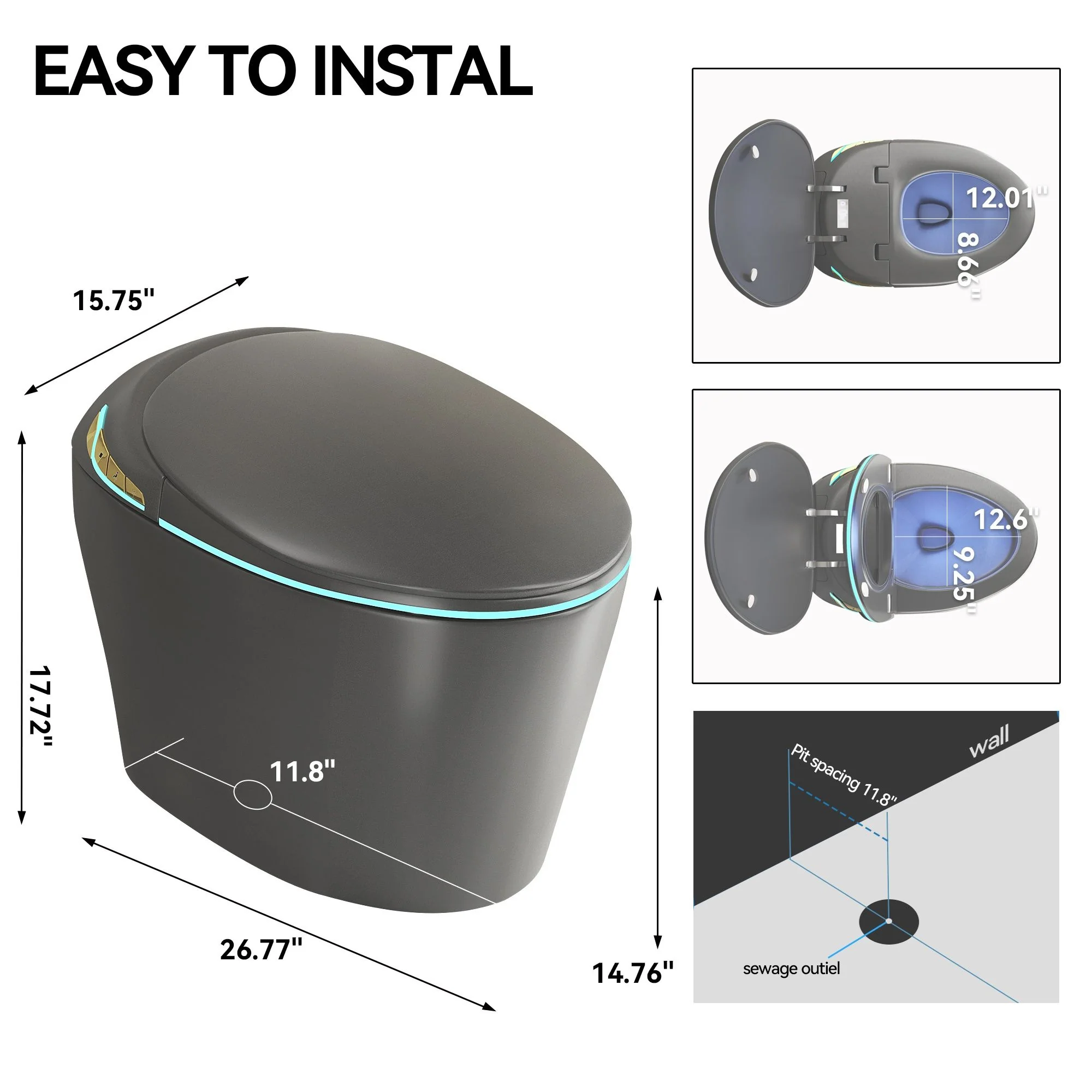 Unique Smart Toile With Built In Bidet, Auto Open / Close Seat, Foot Sensor, LED Display, Night Light, Warm Water & Dryer Ceramic - Image 15