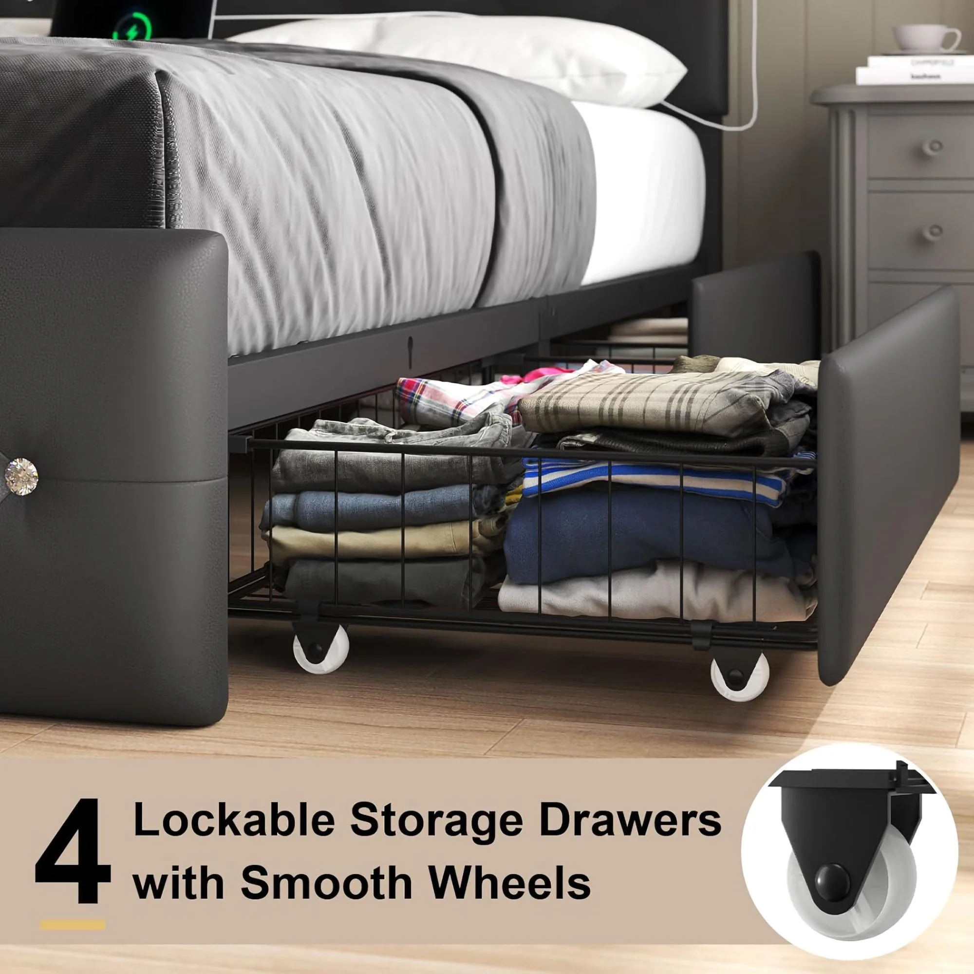 Upholstered Bed Frame With LED Lights, 4 Storage Drawers, Charging Station - Image 12