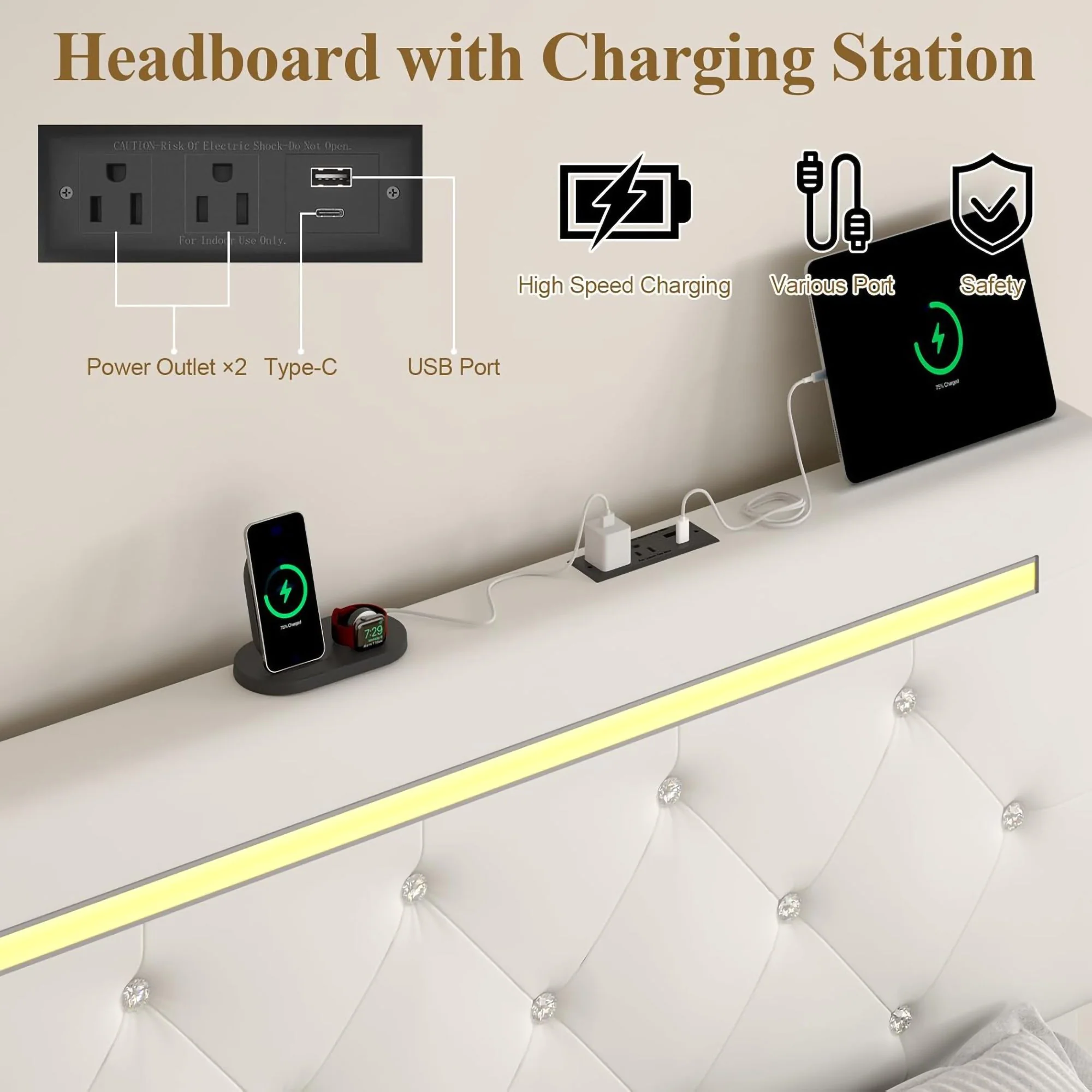 Upholstered Bed Frame With LED Lights, 4 Storage Drawers, Charging Station - Image 15