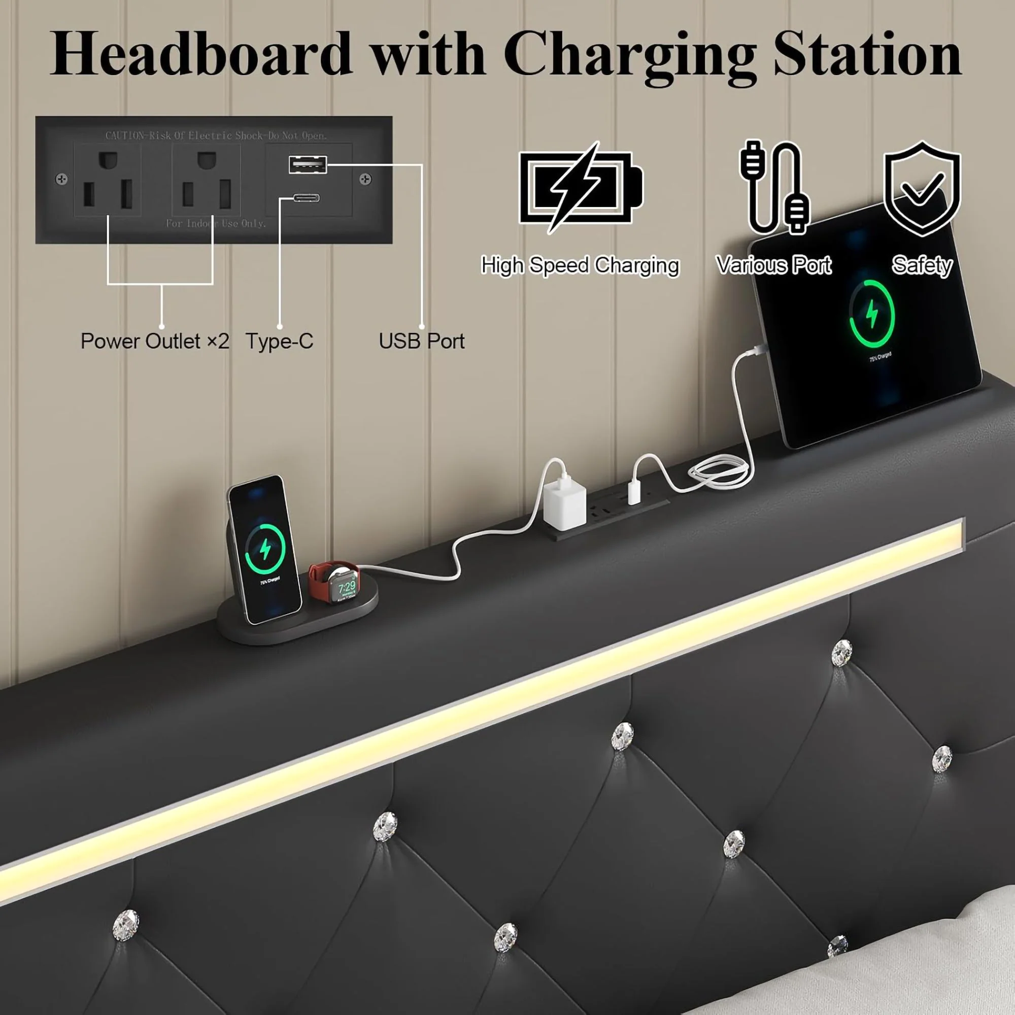 Upholstered Bed Frame With LED Lights, 4 Storage Drawers, Charging Station - Image 5