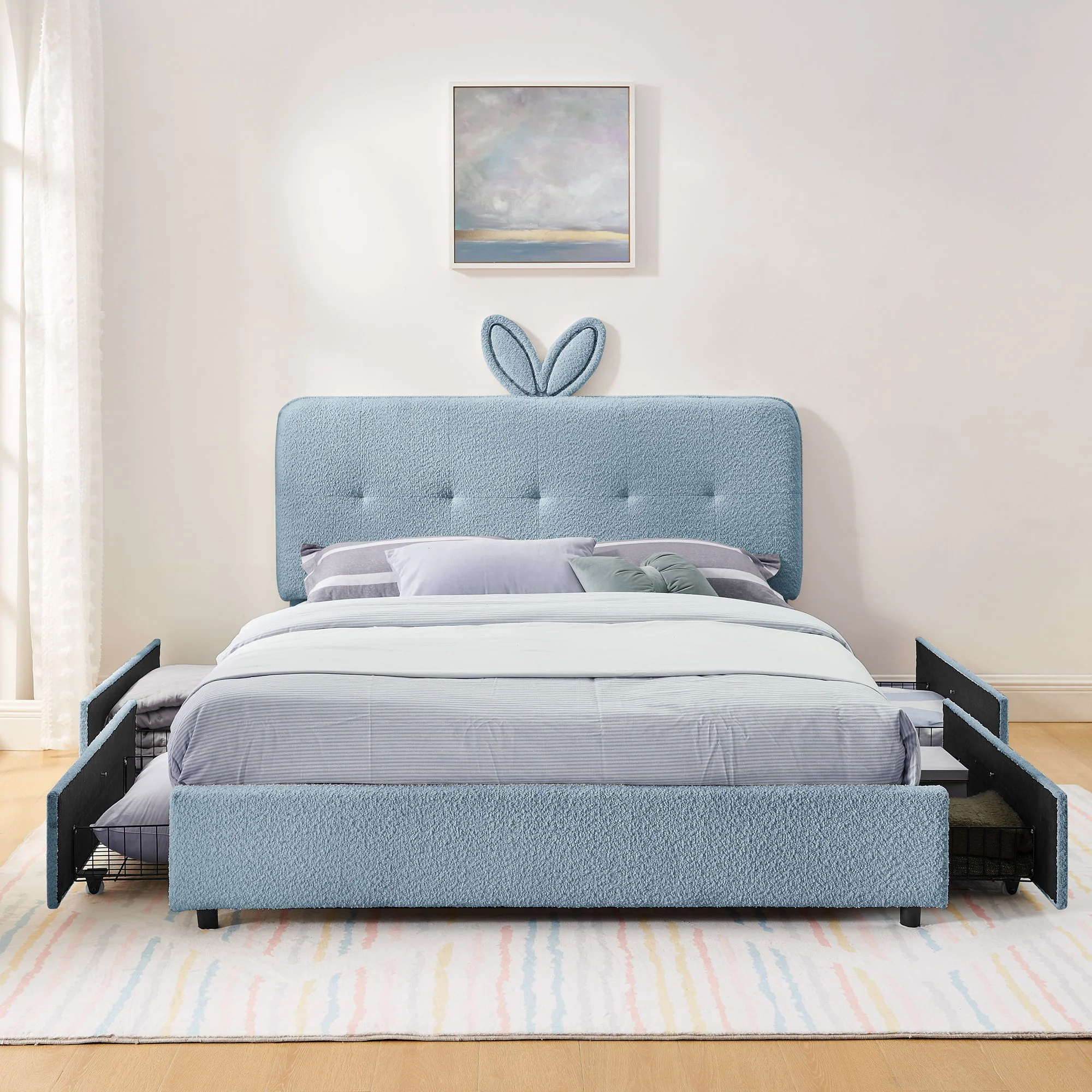 Upholstered Bed With Oversized Rabbit Ear Headboard, LED Lights & 4 Storage Drawers - Image 10