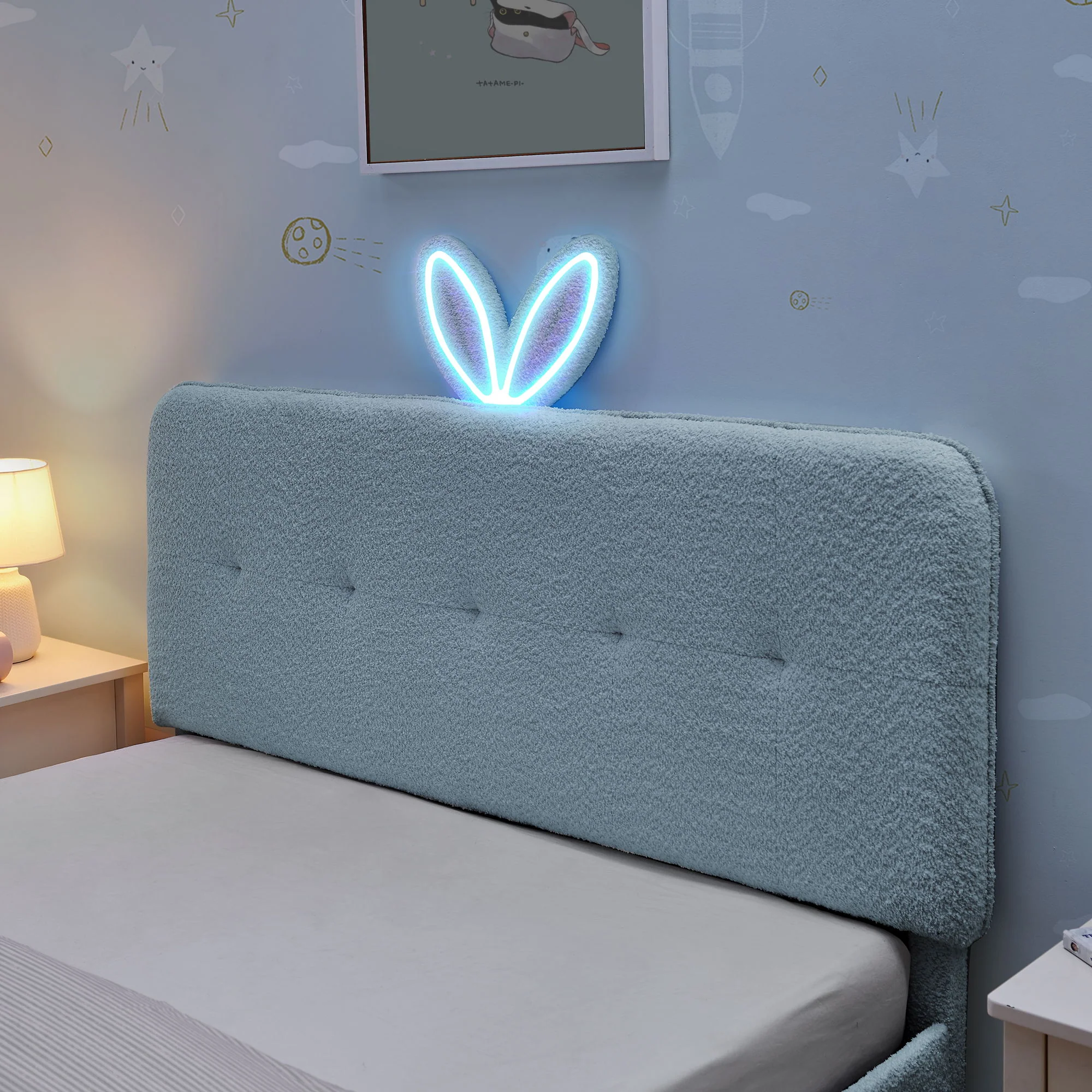 Upholstered Bed With Oversized Rabbit Ear Headboard, LED Lights & 4 Storage Drawers - Image 35