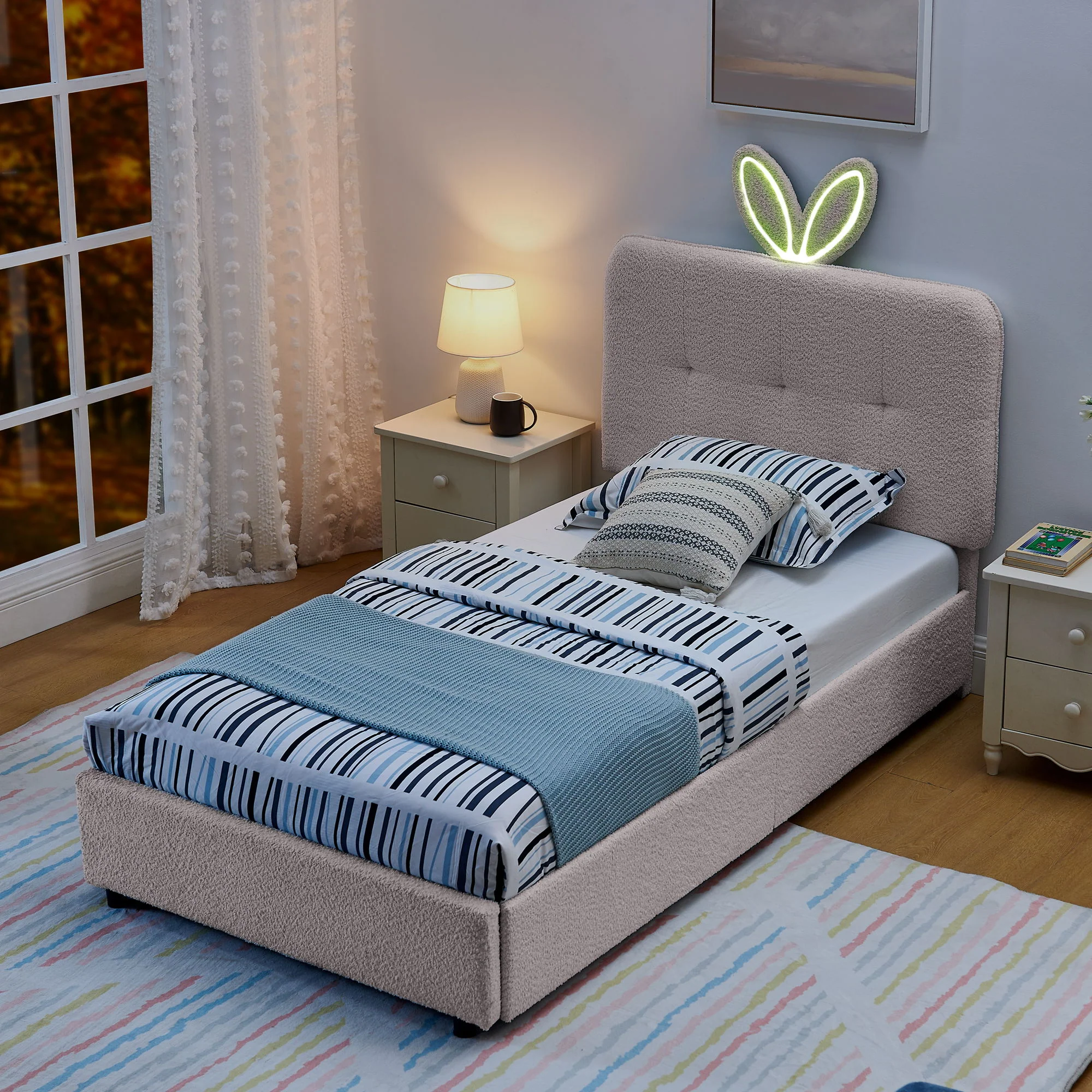 Upholstered Bed With Oversized Rabbit Ear Headboard, LED Lights & 4 Storage Drawers - Image 41
