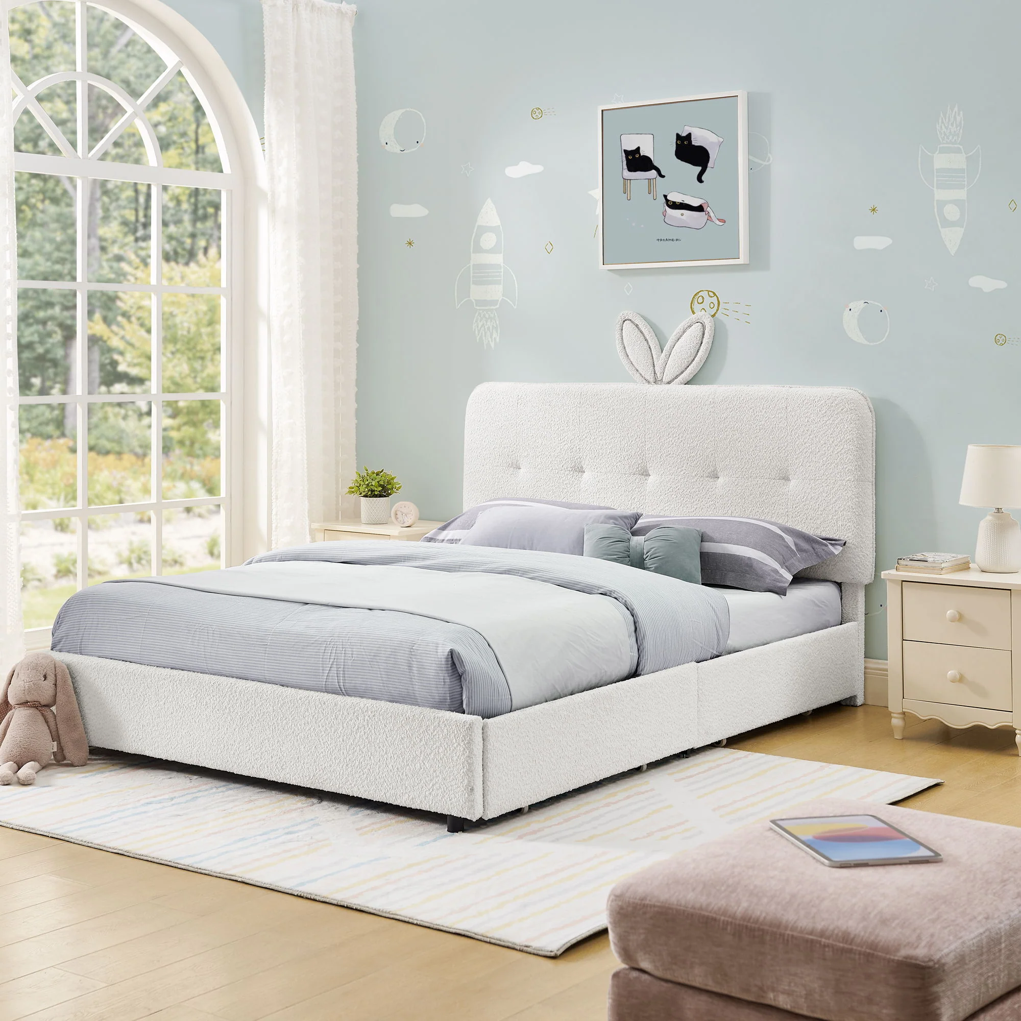 Upholstered Bed With Oversized Rabbit Ear Headboard, LED Lights & 4 Storage Drawers - Image 44