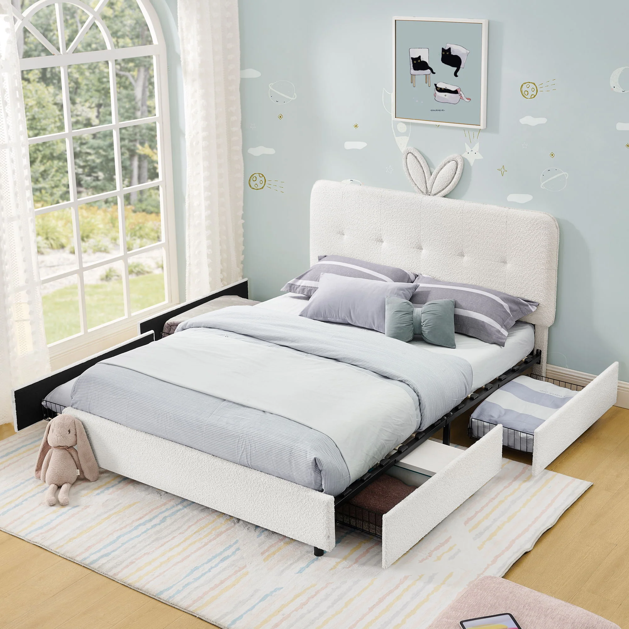 Upholstered Bed With Oversized Rabbit Ear Headboard, LED Lights & 4 Storage Drawers - Image 45
