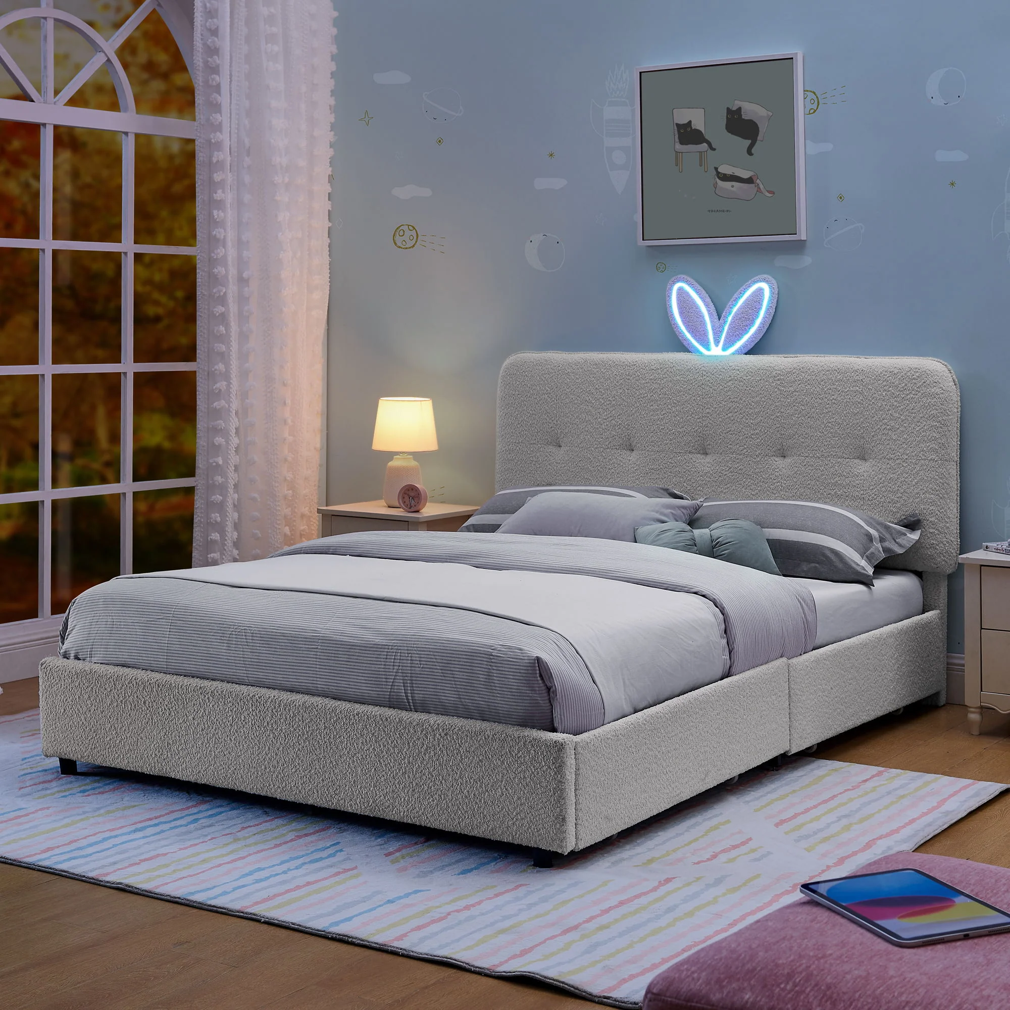 Upholstered Bed With Oversized Rabbit Ear Headboard, LED Lights & 4 Storage Drawers - Image 50