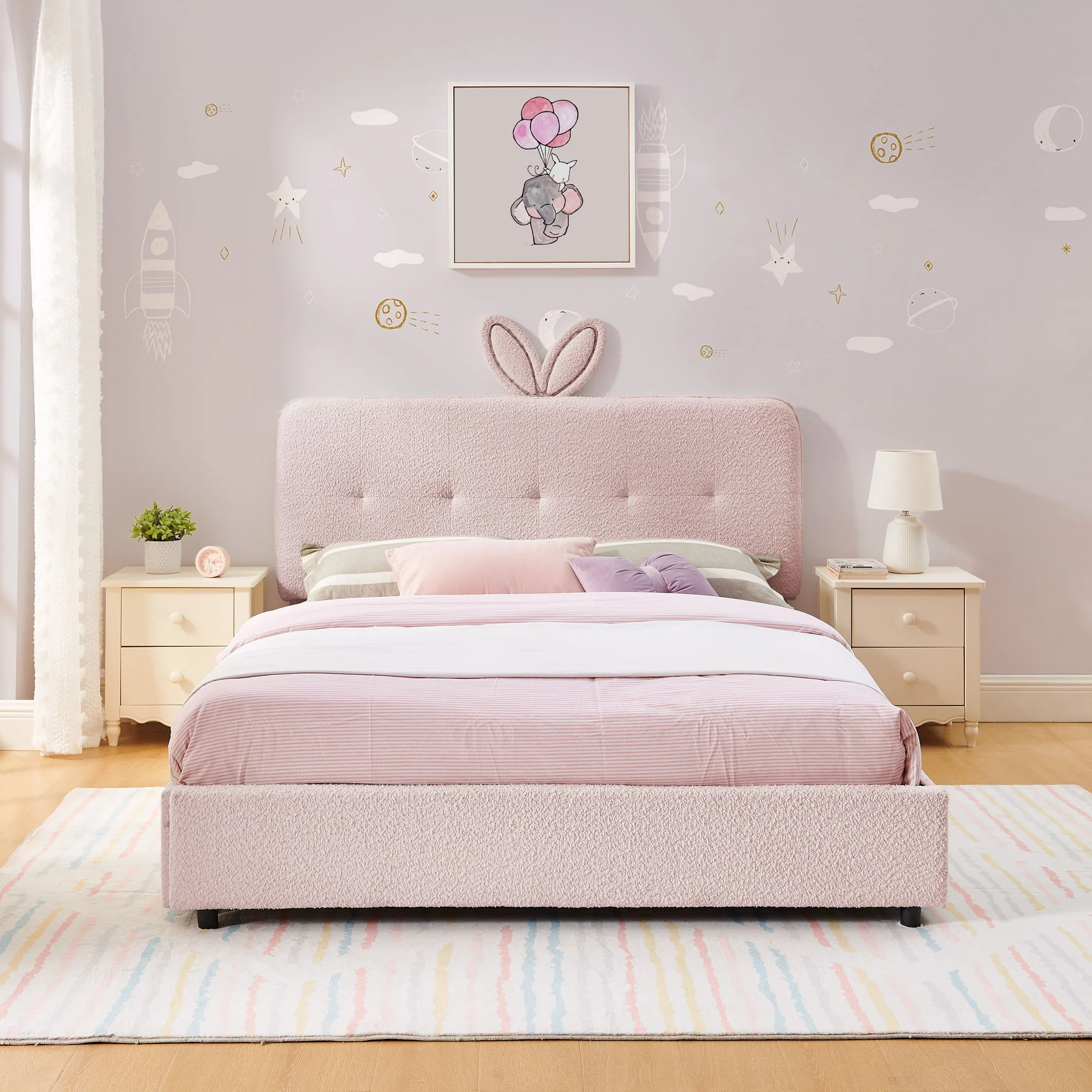 Upholstered Bed With Oversized Rabbit Ear Headboard, LED Lights & 4 Storage Drawers - Image 58