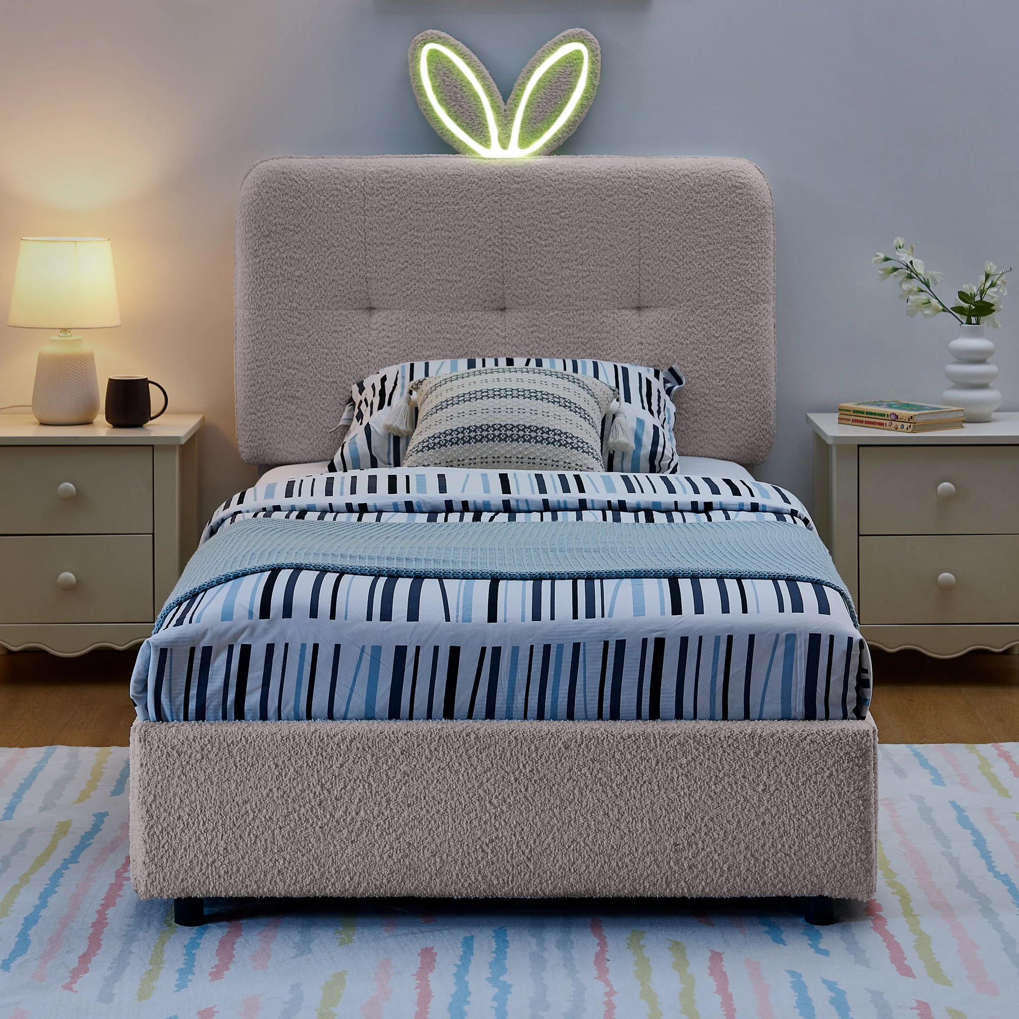 Upholstered Bed With Oversized Rabbit Ear Headboard, LED Lights & 4 Storage Drawers - Image 65